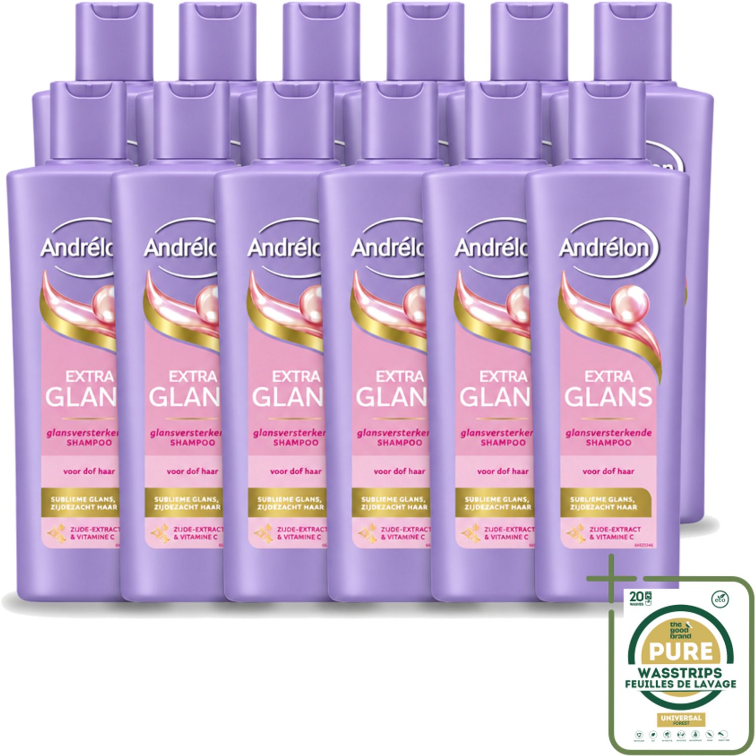 12 x Andrélon – Shampoo – Extra Glans – 250 ml - Wasstrips - Haar Verzorgen - Dof Haar - Glans Haar - Zachte Haar - Haar Reinigen