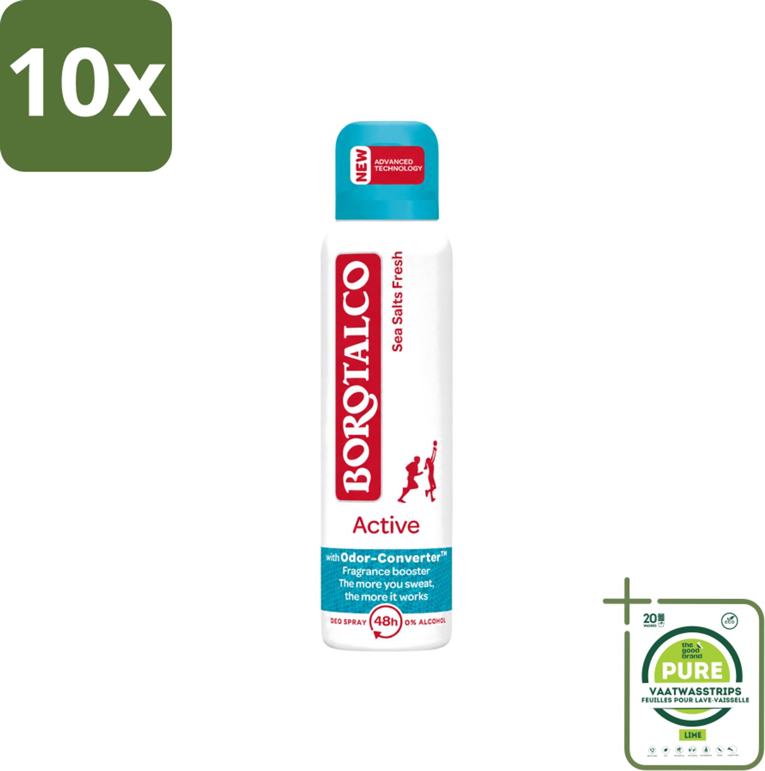 10 x Borotalco - Deodorant Spray - Active - Sea Salts Fresh - 0% Alcohol - 150 ml - Grootverpakking - Vaatwasstrips - Zweetgeur Bestrijding - Zeezout Geur - Deodorant Spray - Frisse Geur - Gevoelige Huid