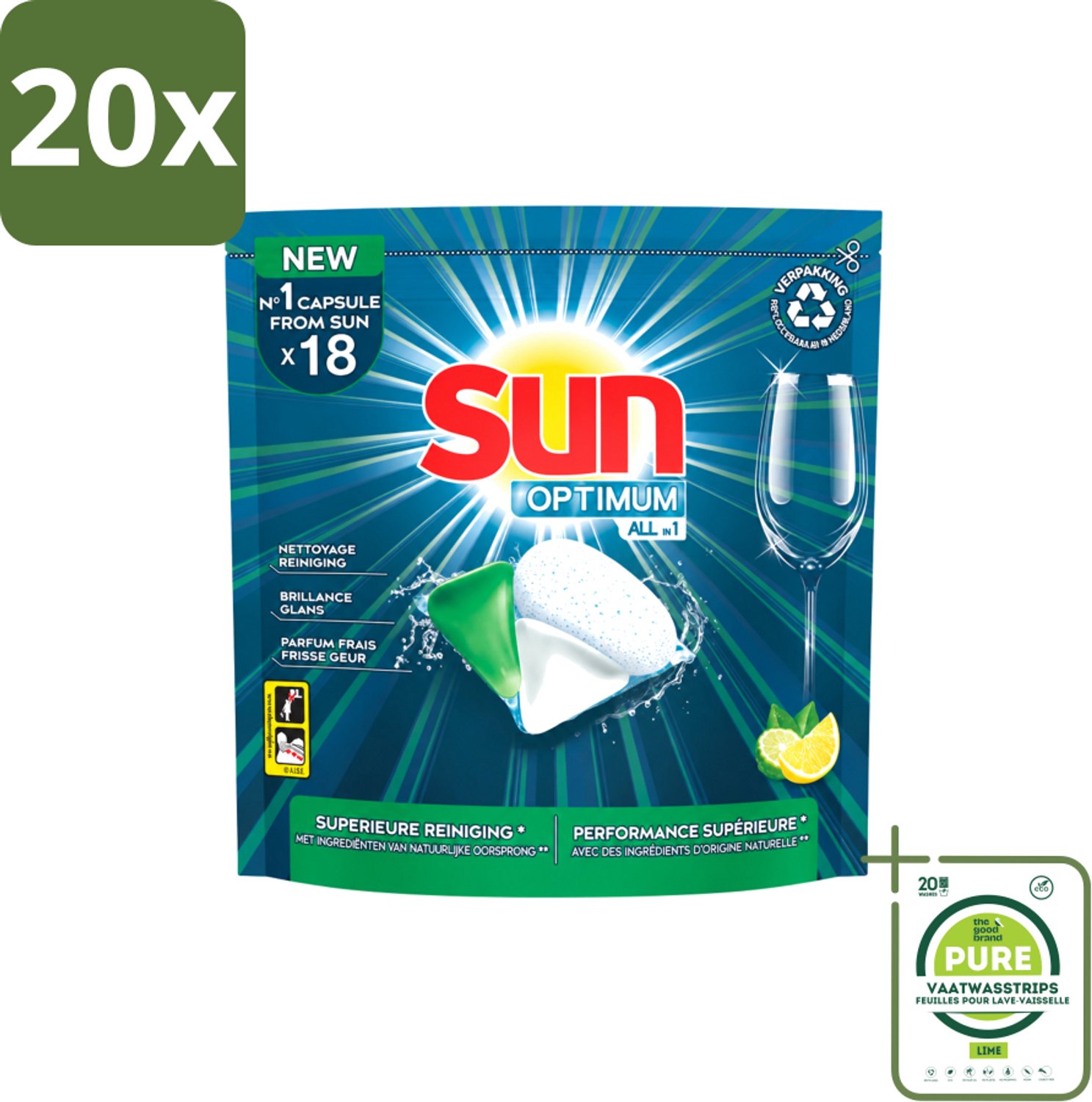 20 x Sun Optimum - All-in-1 - Vaatwasmiddel - Capsules - Citroen - 18 Capsules - Grootverpakking - Vaatwasstrips - Vaatwasmiddel - Vaatwascapsules - Citroen - Reiniging - Spoelglans