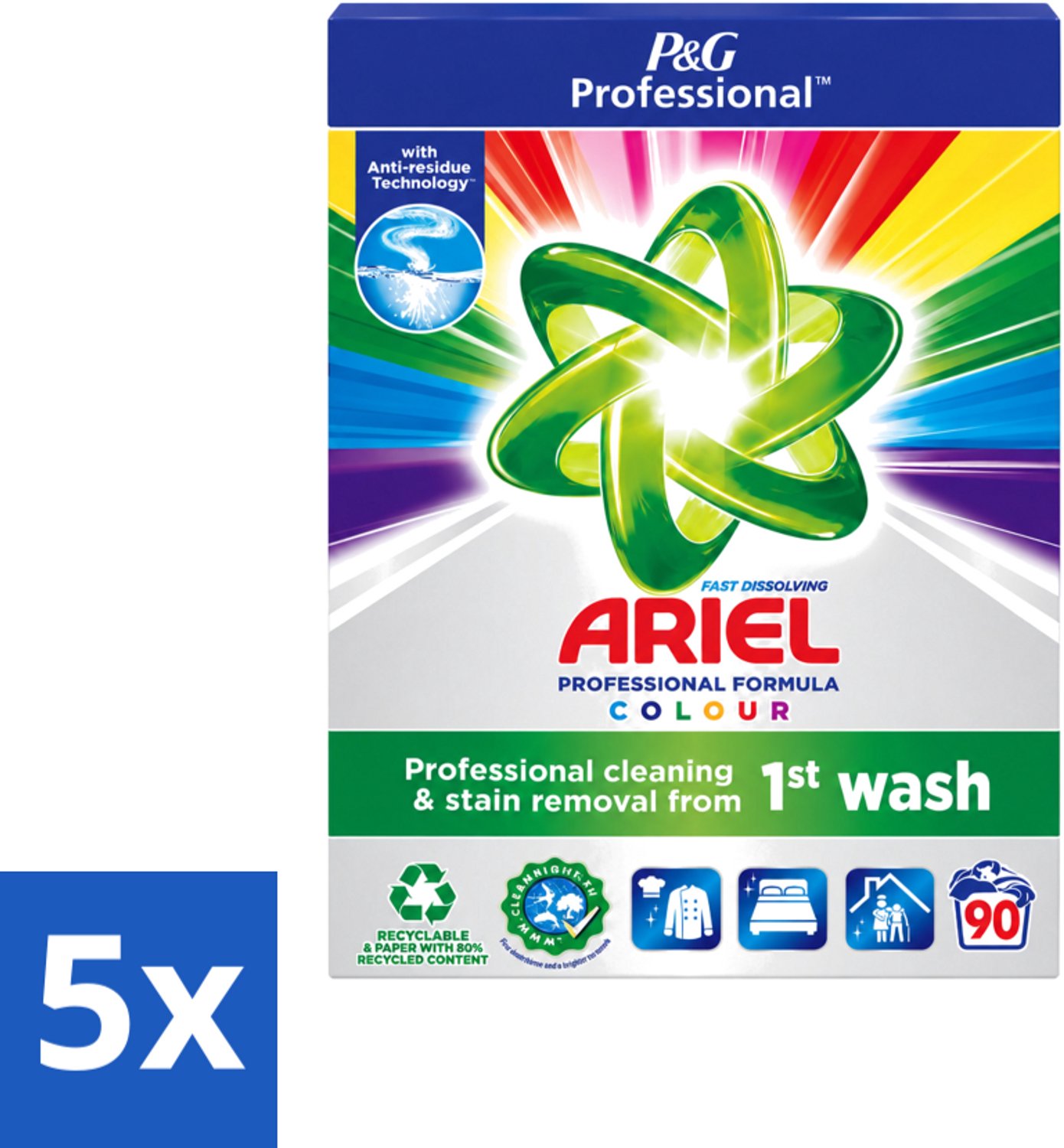 5 x Ariel Professional - Waspoeder - Gekleurde Was - 90 Wasbeurten - Voordeelverpakking - 5 stuks