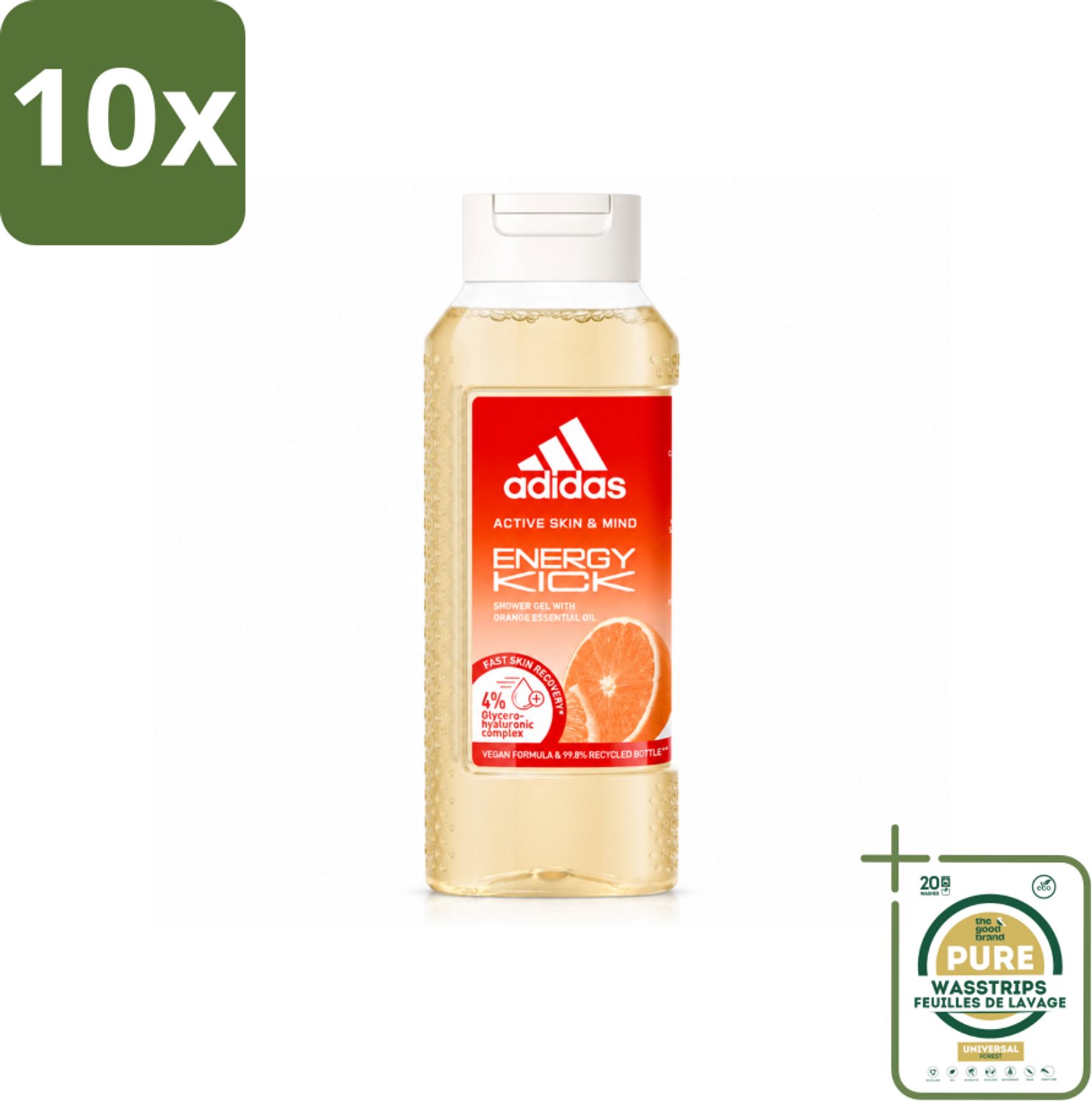 10 x Adidas – Douchegel – Active Skin & Mind Energy Kick – 250 ml - Wasstrips - Douchegel - Energie - Sport - Huidverzorging - Activiteit