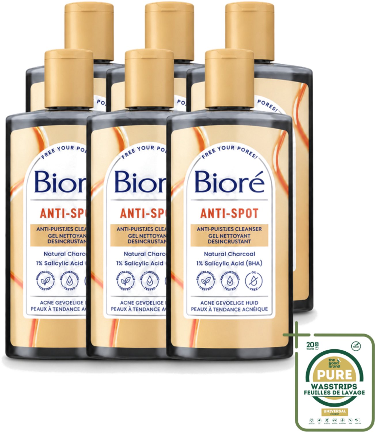 6 x Bioré – Houtskool Anti-Puistjes Reinigingsgel – Gezichtsreiniger – 200 ml - Wasstrips - Huid Reinigen - Puistjes Voorkomen - Vet Huid Reinigen - Salicylzuur - Houtskool