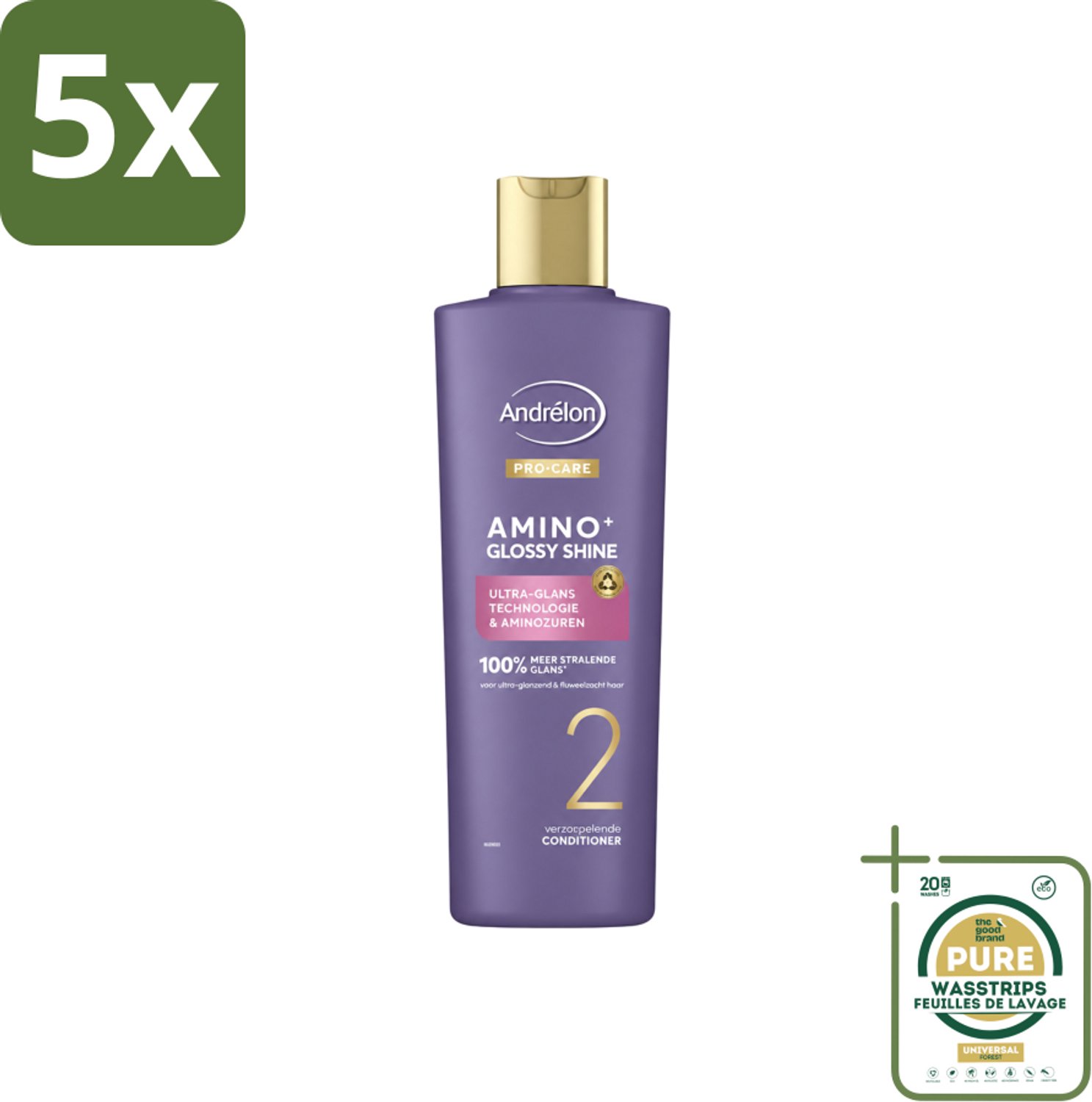 5 x Andrélon – Conditioner – Pro Care Amino+ Glossy Shine – 250 ml - Wasstrips - Haarverzorging - Glans - Aminozuren - Haarconditioner - Zijdezacht Haar
