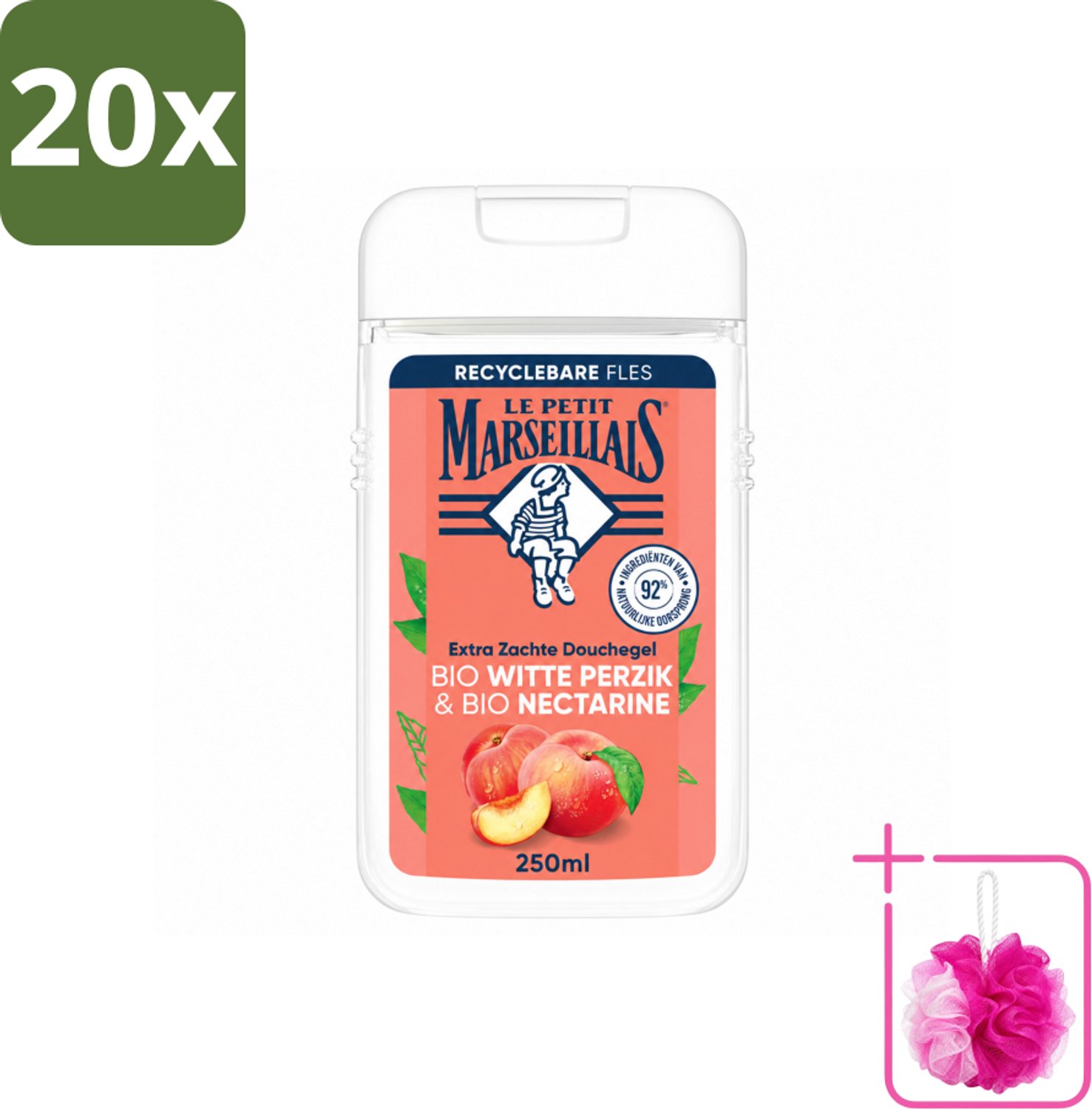 20 x Le Petit Marseillais – Douchegel – Bio Perzik & Nectarine – Verfrissend – 250 ml - Bulkverpakking - Douchegel bio perzik en nectarine - Douchemop - Frisse douchegel