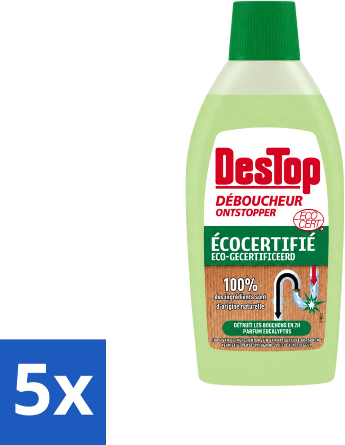 5 x DesTop - Onderhoud & Ontstop Leidingen - Biologische Ontstopper - Natuurlijke Ingrediënten - Eucalyptusgeur - 500 ml - Voordeelverpakking - 5 stuks