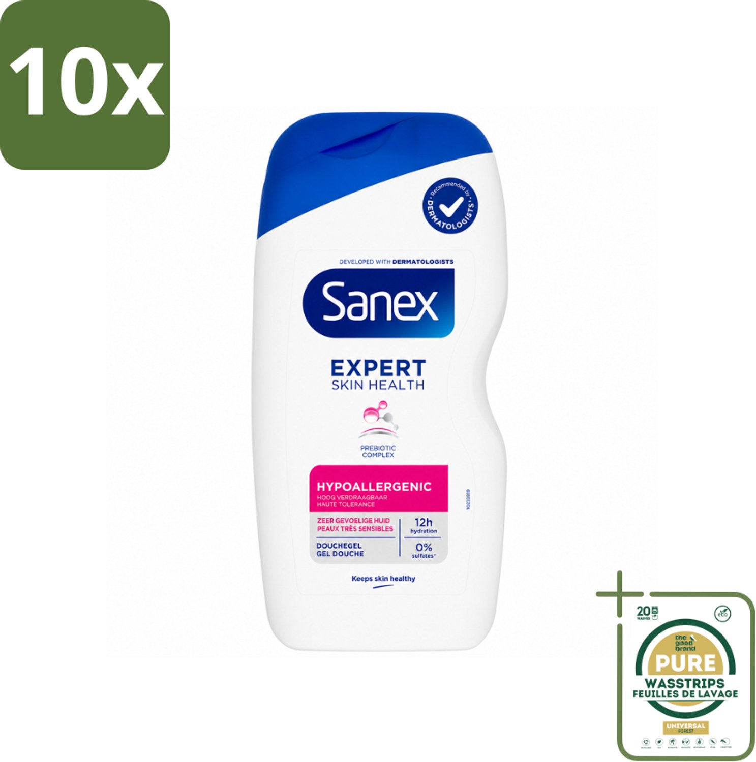 10 x Sanex – Douchegel – Expert Skin Health Hypoallergeen – 400 ml - Wasstrips - Douchegel Hypoallergenisch - Gevoelige Huid - Huidbarrière - Hydraterend - Pre- En Postbiotica
