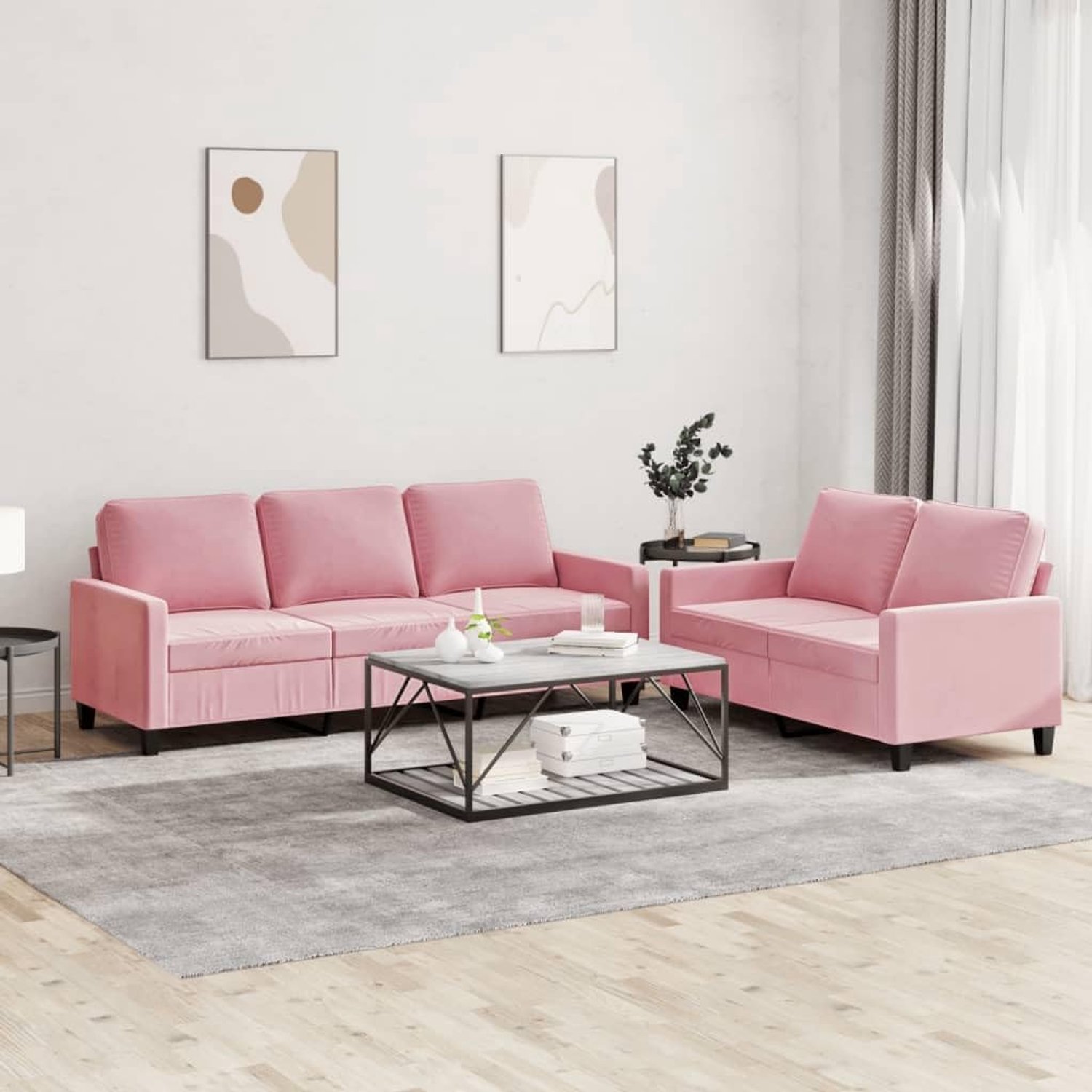 2-delige bankset met kussen, roze fluweel, zachte fluwelen stof, sofaset voor woonkamer, robuust frame van multiplex en metaal, comfortabele bekleding voor ontspanning