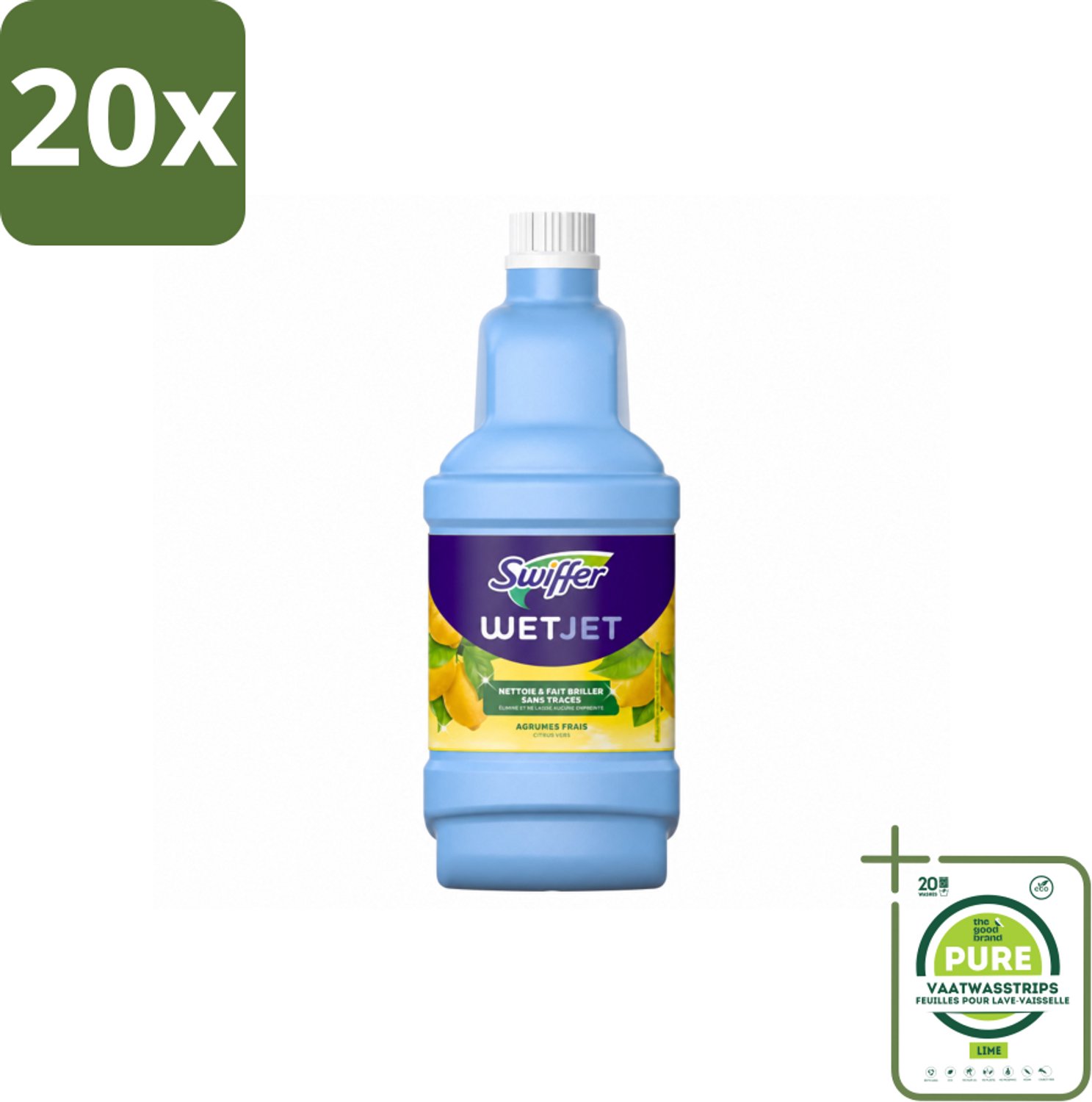 20 x Swiffer - WetJet Reinigingsmiddel – Dweilsysteem Navulling – Alles-in-één – 1,25 L - Grootverpakking - Vaatwasstrips - Vloerreiniging - Vet En Vlekken Verwijderen - Doekjes Met Vasthoudtechnologie - Spraymop - Dubbele Jetspray