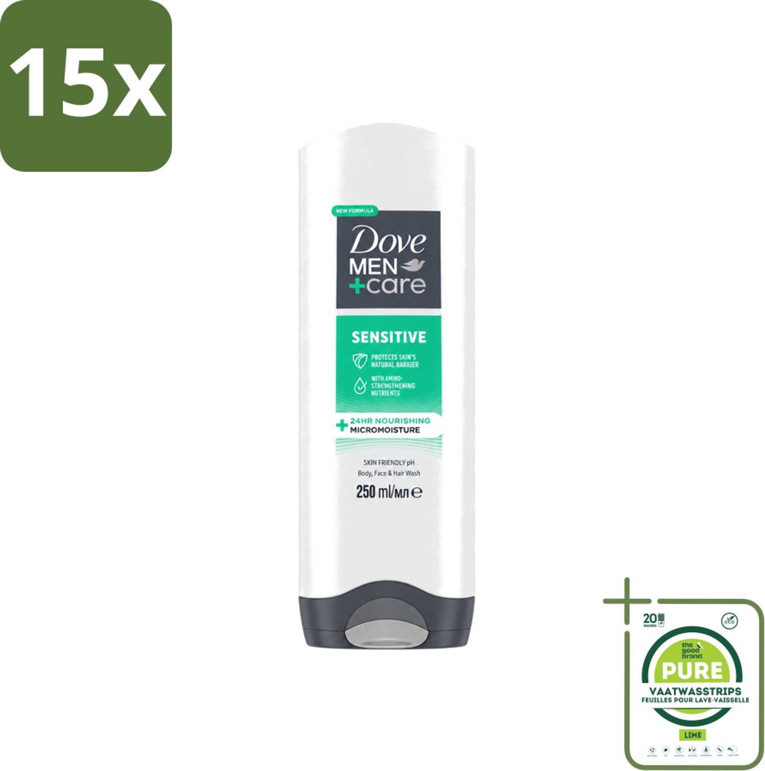 15 x Dove Men+Care - Sensitive - Douchegel 3-in-1 - Verzorgend - 250 ml - Grootverpakking - Vaatwasstrips - Gevoelige Huid - Lichaamsgel - Gezichtsgel - Haarverzorging - Milde Reiniging