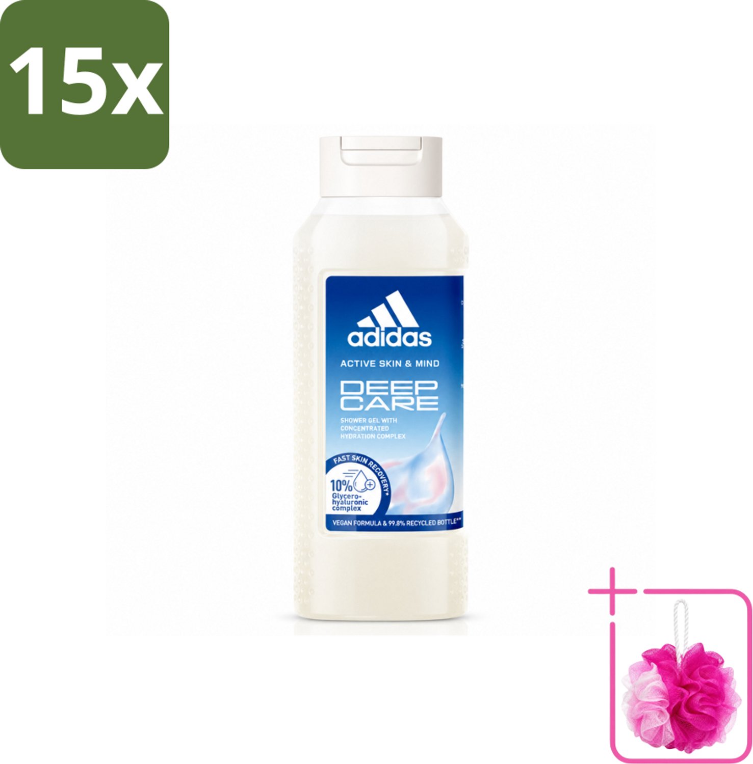 15 x Adidas – Douchegel – Active Skin & Mind Deep Care – 250 ml - Bulkverpakking - Hydratatie na sport - Douchemop - Huid verzorging