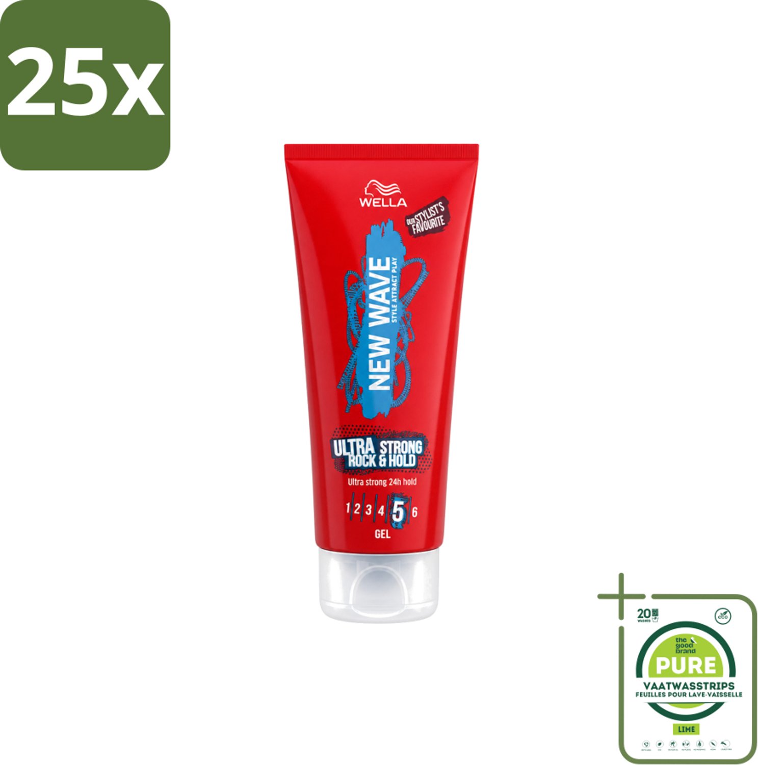 25 x Wella – New Wave Rock’n Hold Ultra Strong – Haargel – 200 ml - Grootverpakking - Vaatwasstrips - Haartype - Styling - Volume - Definitie - Krullen