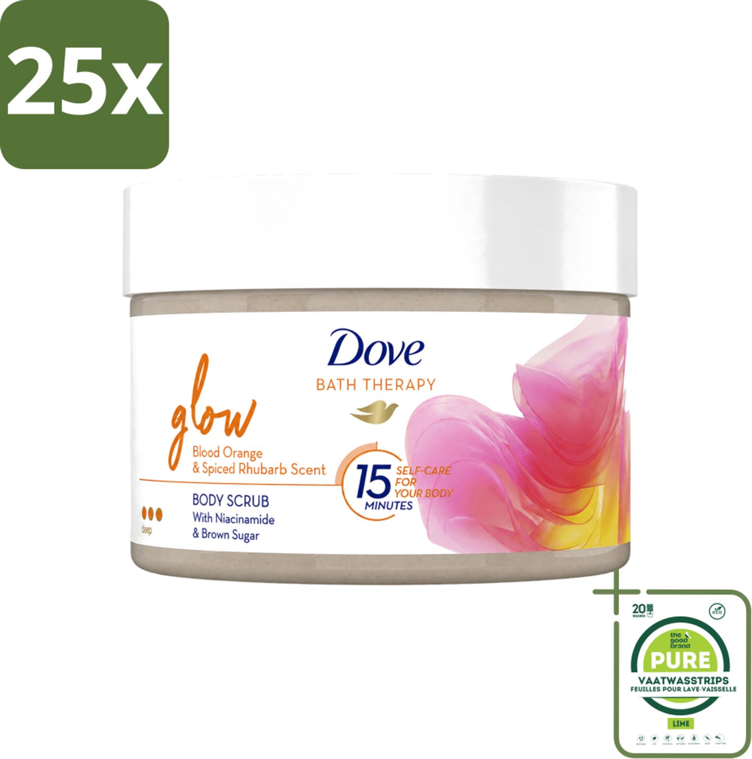 25 x Dove Bath Therapy Glow - Bodyscrub - Bloedsinaasappel & Rabarber - 295 ml - Grootverpakking - Vaatwasstrips - Huid Verzorging - Huid Stralen - Huid Glans - Huid Exfoliatie - Huid Hydratatie