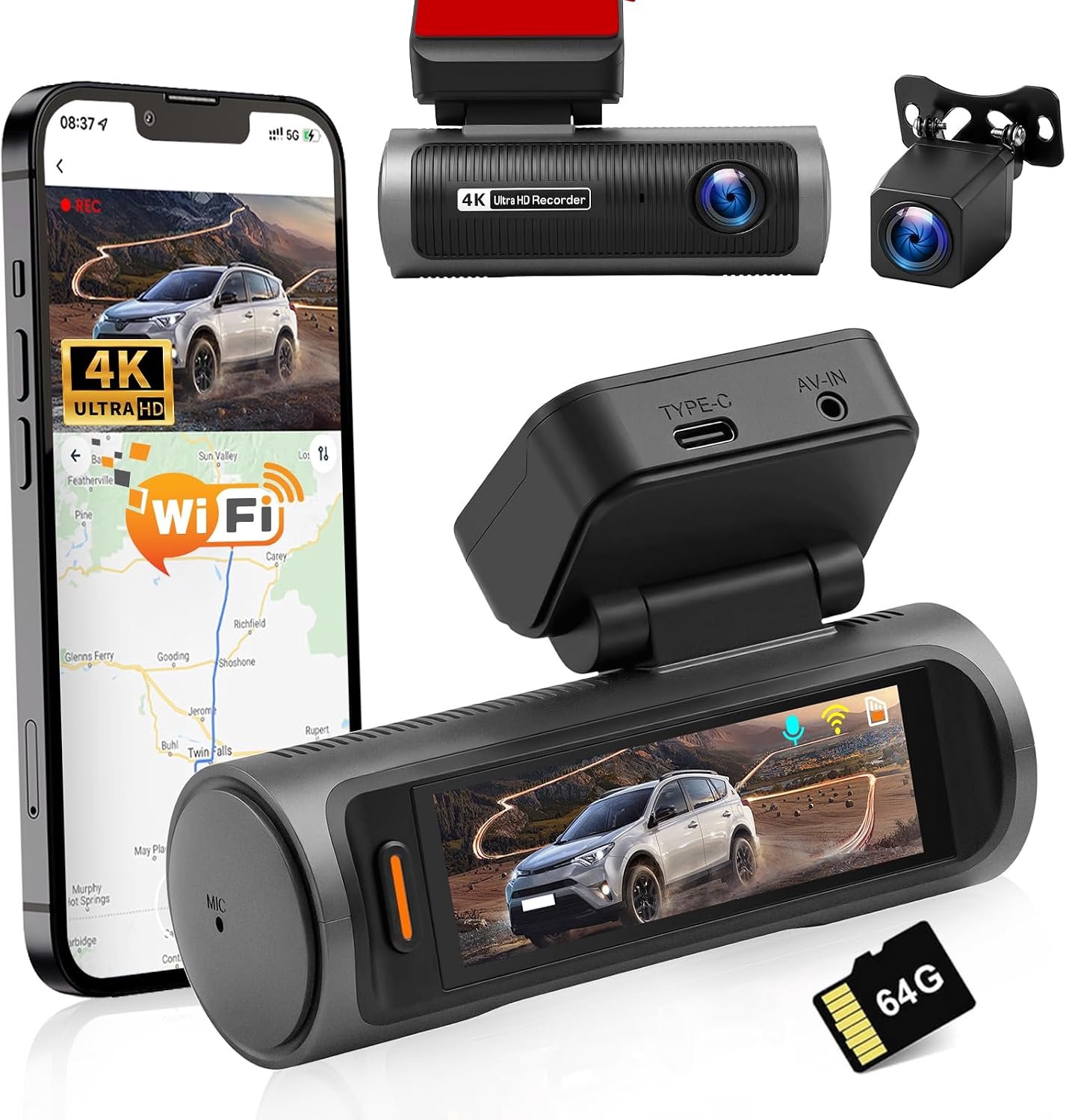4K dashcam auto voor en achter, dubbele kanaals dashcam auto met 64 GB SD-kaart, 3,2 inch IPS-touchscreen, groothoek, IR 8, G-sensor, met wifi en lusopname