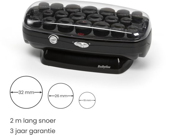 Zwarte BaByliss krulset met 20 rollers en iconen voor de maten 32mm, 26mm en 19mm.
