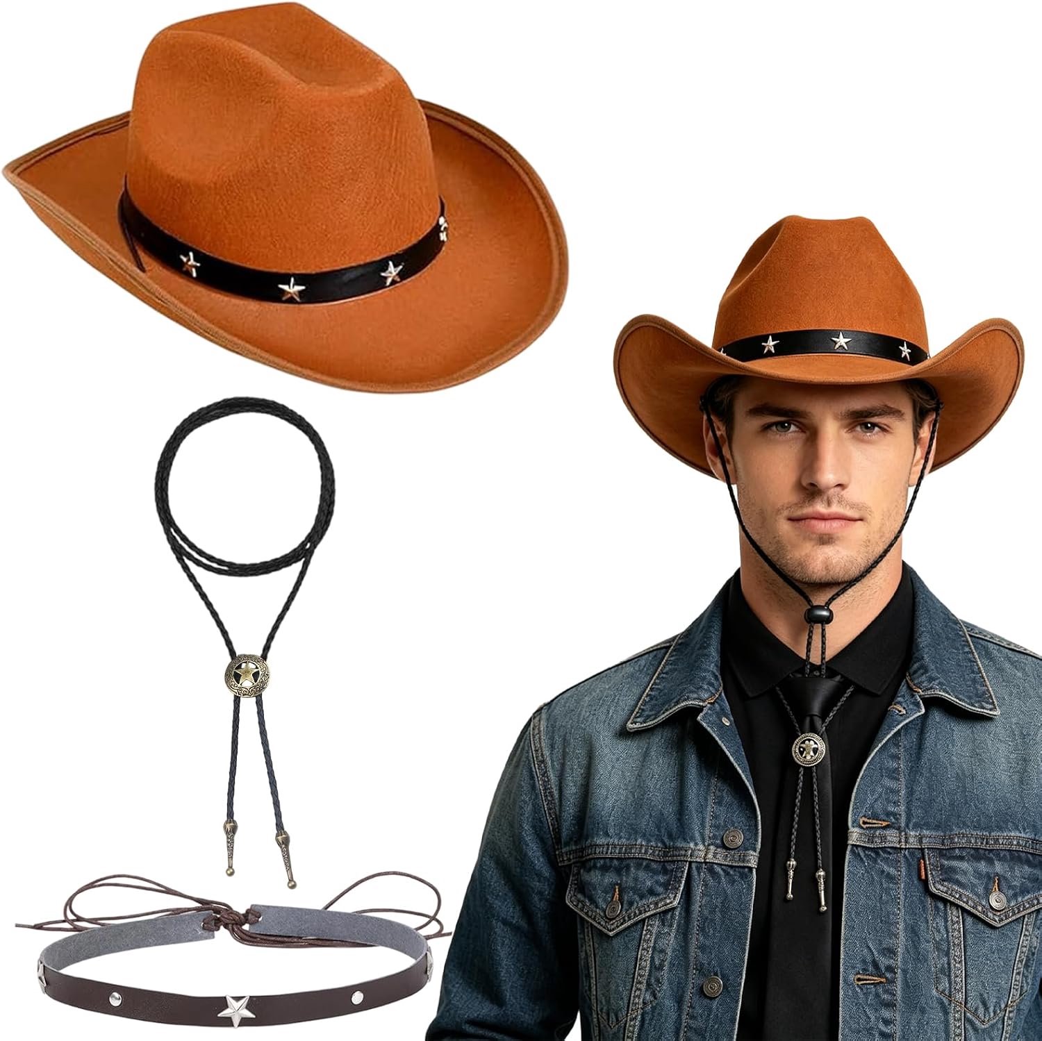 Cowboyhoed Set met Stierenkop Hanger Ketting en Hoedband,Western Kostuum voor Volwassenen | Westerse Feesten, Rodeo, Halloween en Carnaval