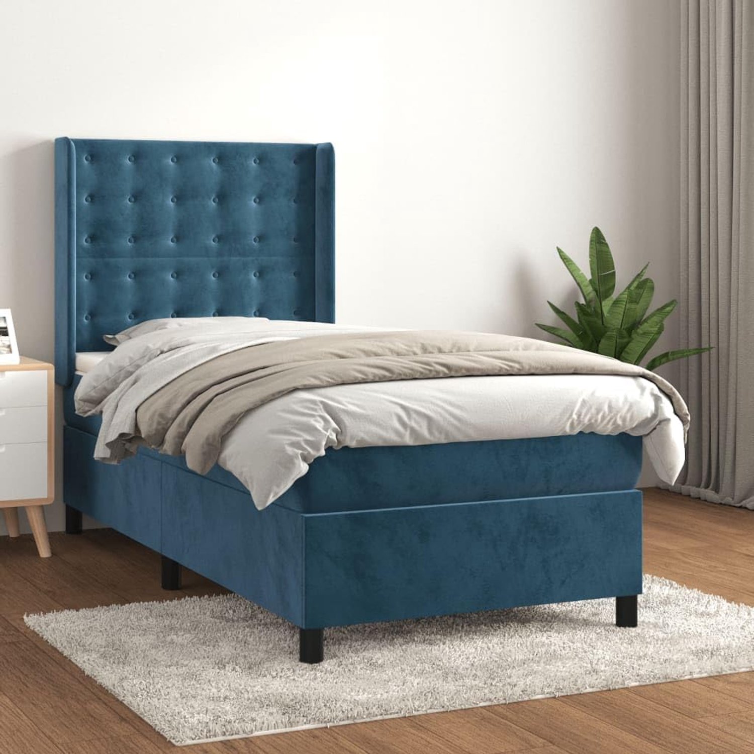 Logeerbed, logeerbed, boxspringbed met matras, donkerblauw, 90 x 190 cm, fluweel, voor slaapkamer, logeerkamer