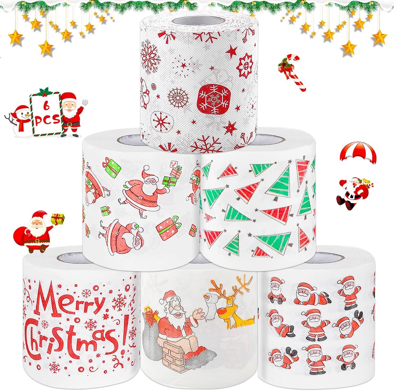 Toiletpapier - 6 rollen bedrukt met kerstman, eland en kerstboom - Merry Christmas, grappig en vrolijk kerstfeest