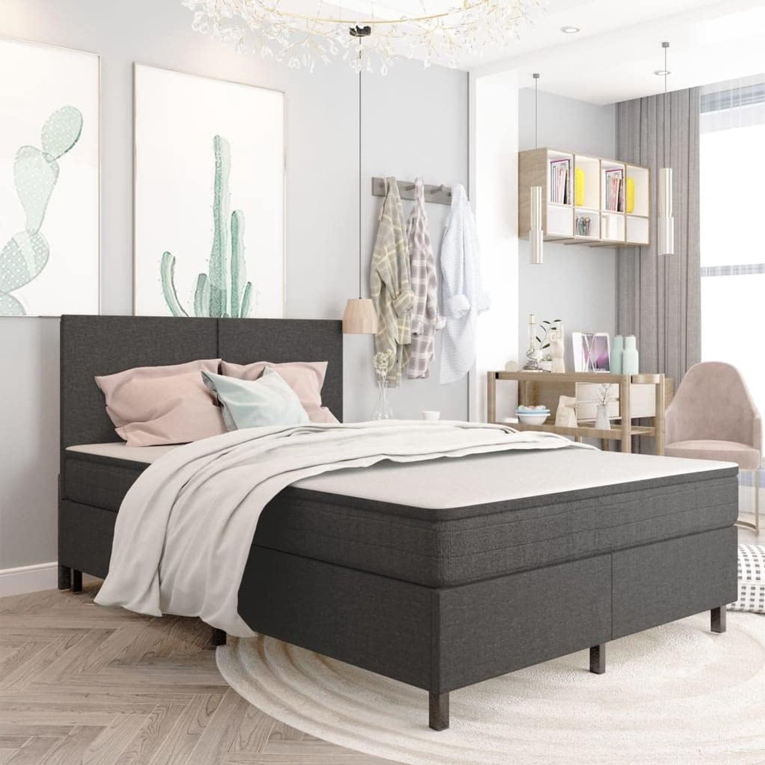 Bed tweepersoonsbed boxspringbed donkergrijs stof 140x200 cm geschikt voor familiekamers