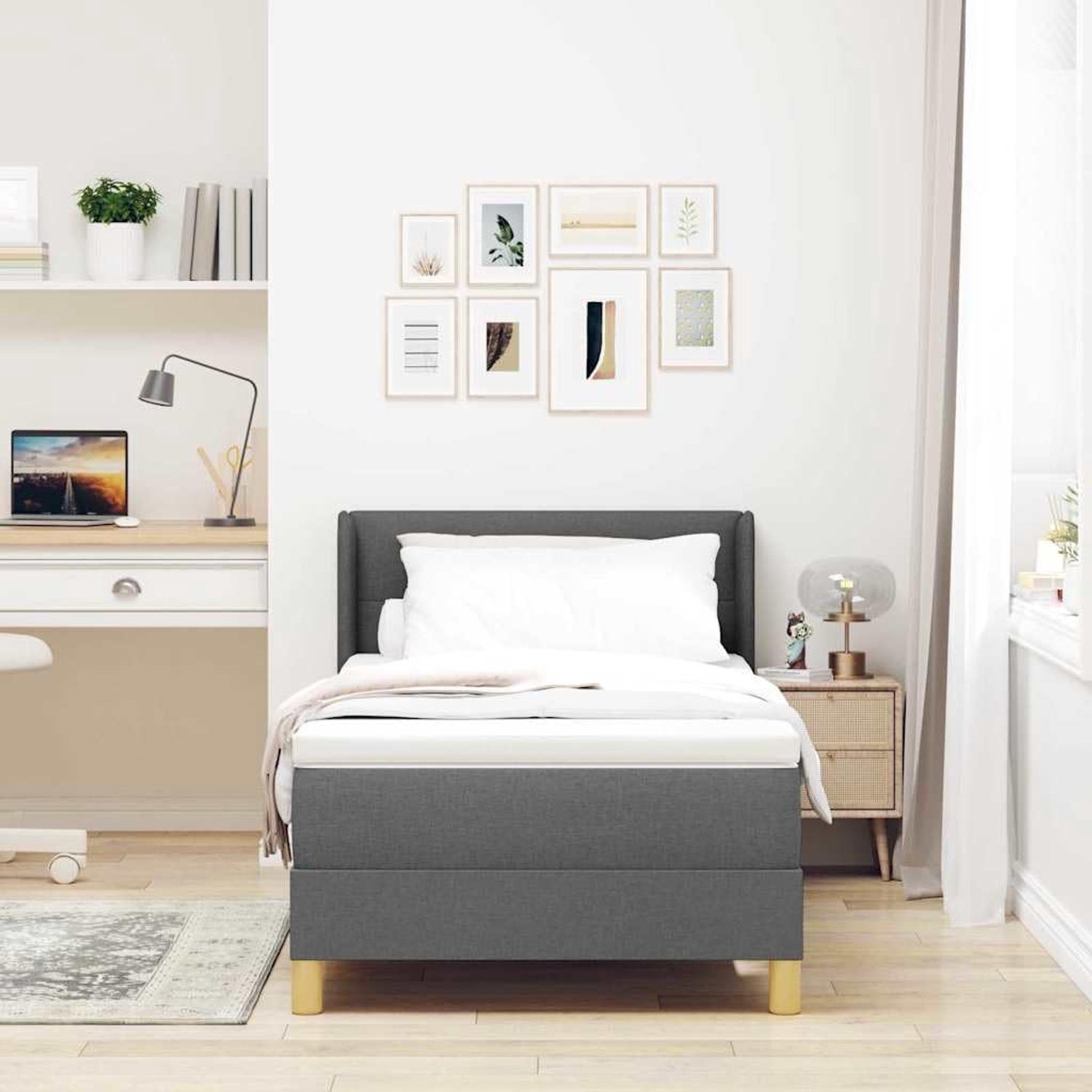 Boxspringbed met matras Donkergrijs 190 x 90 cm Stof Verstelbaar Hoofdbord Inclusief Lattenbodem Duurzaam Slaapkamer Meubel voor Stedelijk Appartement of Gastenverblijf 140 kg Draagkracht