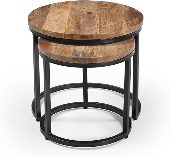 Set van 2 ronde salontafels, handgemaakte mangohouten plaat en ijzeren frame, natuurlijke afwerking, modern, industrieel minimalistisch design voor woonkamer, kantoor, 50 x 50 x 43, 40 x 40 x — afbeelding 2