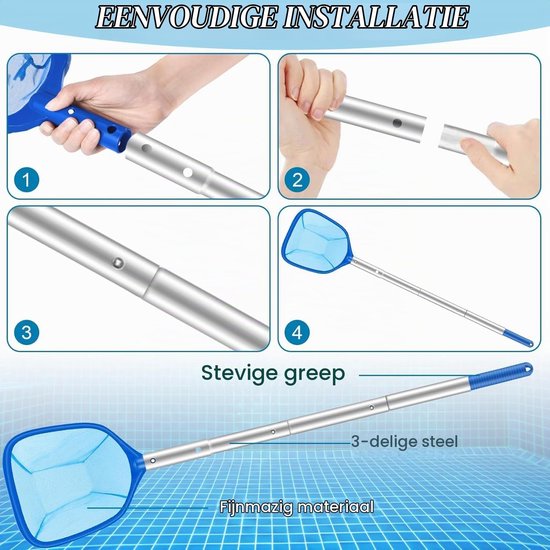 Schepnet voor zwembad, zwembad, bodem met telescoop, robuust, 140 cm, voor vijver, reinigingsnet voor zwembad, zwembad, spa, zwembadnet voor het reinigen van afval van bodem en oppervlak — afbeelding 3