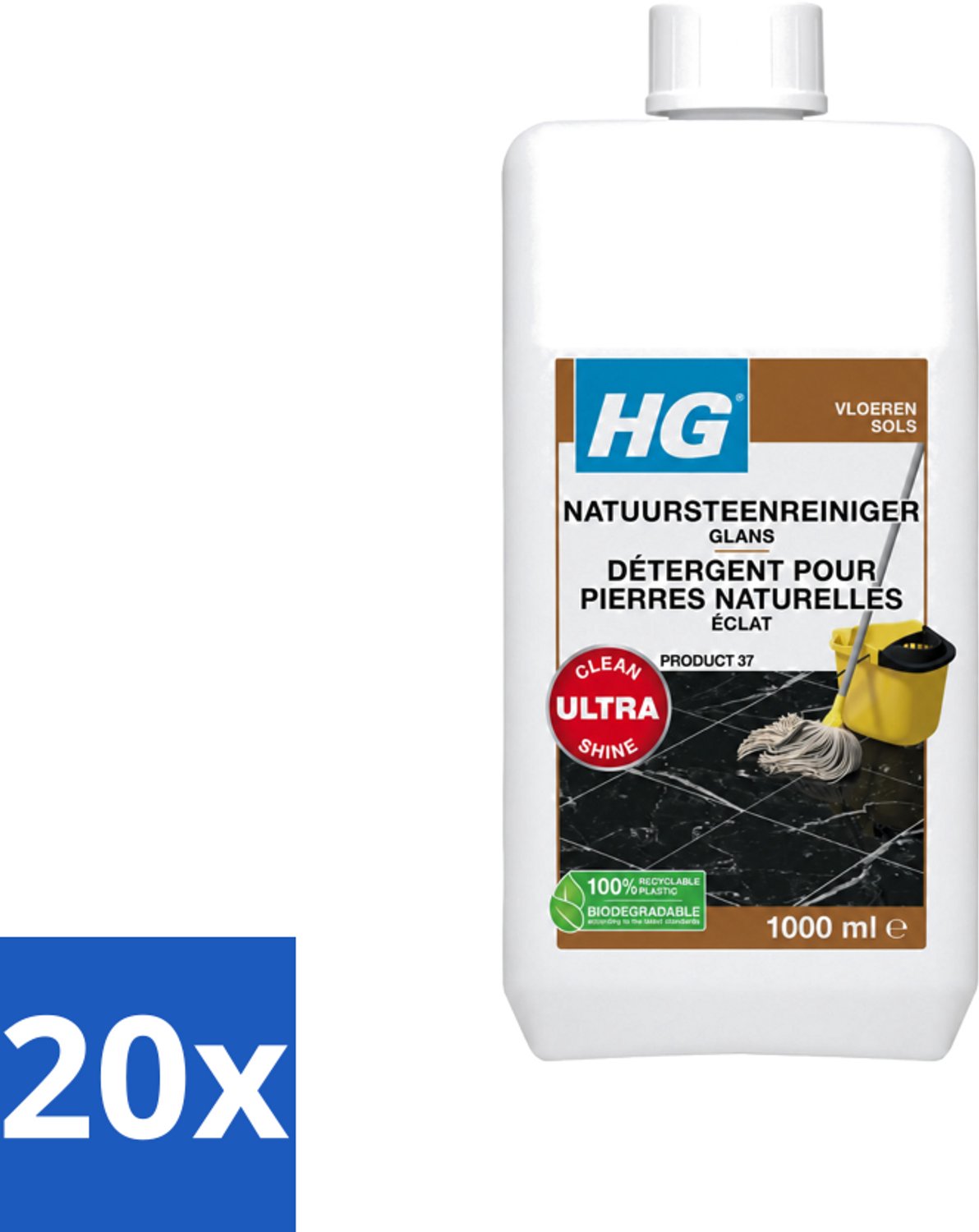 20 x HG - Natuursteenreiniger Glans - Ultra Glans - 20 Dweilbeurten - 1L - Voordeelverpakking - 20 stuks