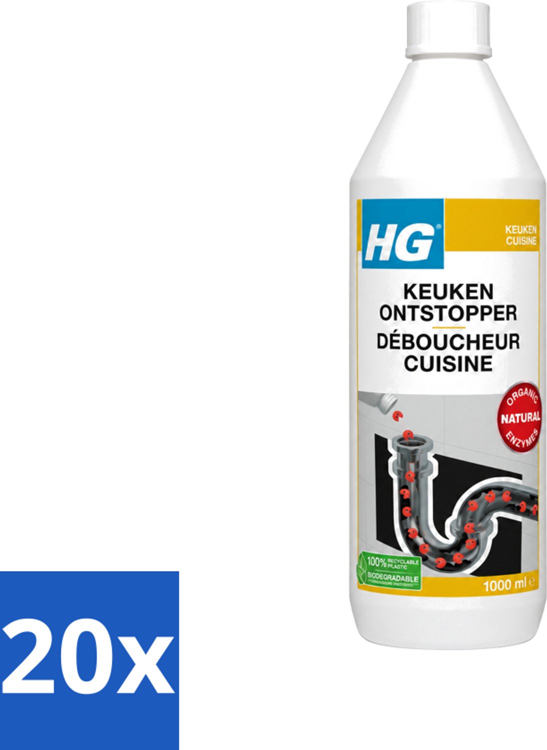 20 x HG - Keukenontstopper - Biologisch Afbreekbaar - Organische Enzymen - 1L - Voordeelverpakking - 20 stuks