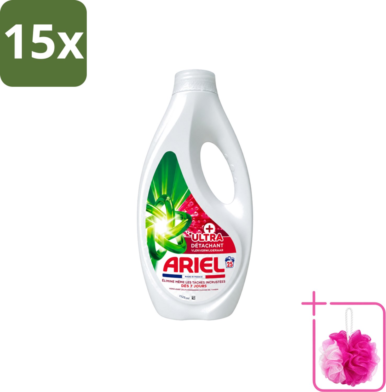 15 x Ariel – Vloeibaar Wasmiddel – Ultra Vlekverwijderaar – 1125 ml – 25 wasbeurten - Bulkverpakking - Vlekverwijderaar - Douchemop - Wasmiddel