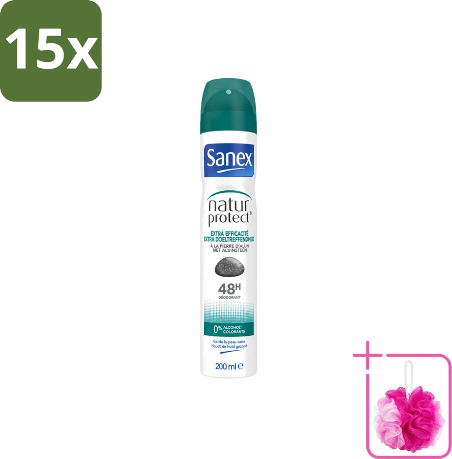 15 x Sanex – Deodorant Spray – Aluinsteen – 200 ml - Bulkverpakking - Deodorant spray - Douchemop - Natuurlijke deodorant