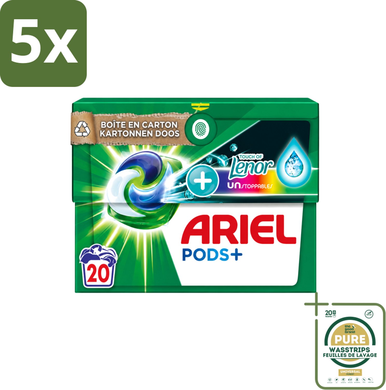 5 x Ariel Original - Touch of Lenor Unstoppables - Wasmiddelcapsules - Pods+ - Gekleurde Was - 20 Wasbeurten - Wasstrips - Wasmiddel Capsules - Gekleurde Was - Frisse Geur - Koud Water Was - Vlekverwijdering