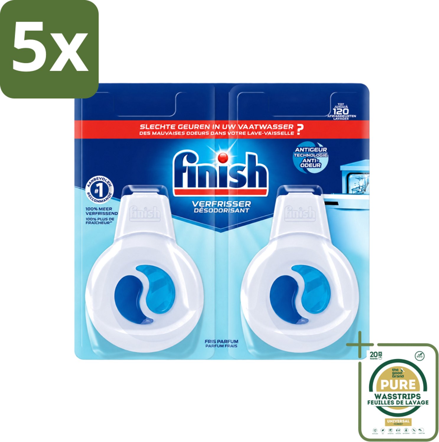5 x Finish Deo Odorstop - Vaatwasverfrisser - Fris Parfum - Anti-geur - Tot 120 Afwasbeurten - Wasstrips - Vaatwasverfrisser - Geurstop - Anti-geur - Vaatwasser Geur - Vaatwas Geur
