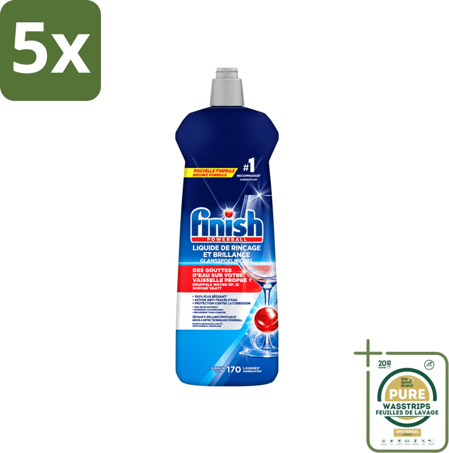5 x Finish Powerball - Glansspoelmiddel - Anti-Corrosie & Anti-Vervaging - 170 Afwasbeurten - 800ml - Wasstrips - Glansspoelmiddel - Vaatwasmiddel - Anti-kalk - Anti-corrosie - Glans