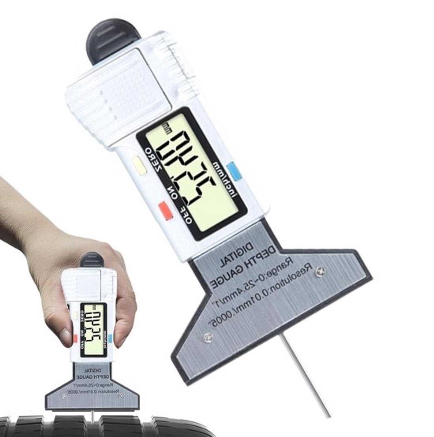 Loopvlakdieptemeter - Digitale meter voor bandenprofiel - Bandveiligheid controleren - Nauwkeurige meting - 0-25.4 mm - Grijs