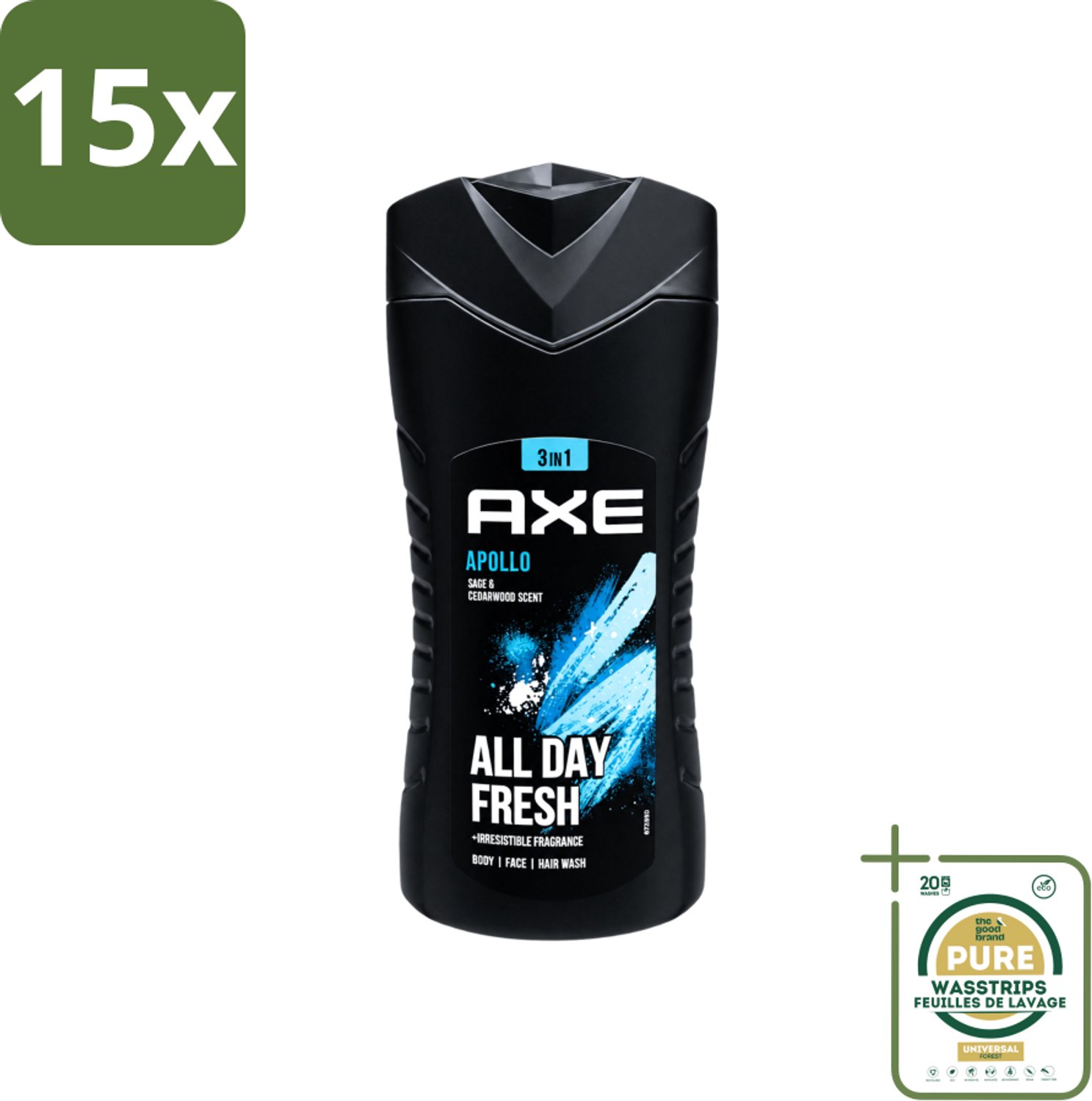15 x Axe - 3-in-1 Douchegel - Apollo - Sage & Cedarwoord - All Day Fresh - 400 ml - Wasstrips - Douchegel - Lichaam - Gezicht - Haar - Salie