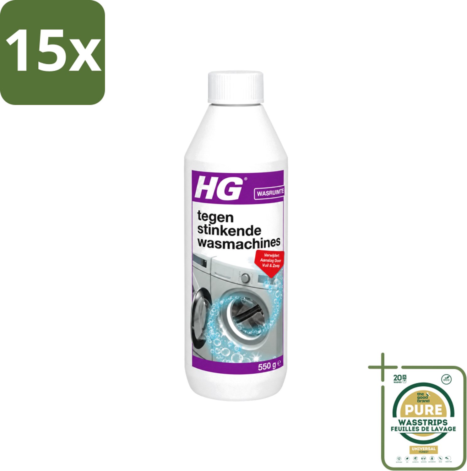 15 x HG - Tegen Stinkende Was - Verwijdert Aanslag Door Vuil & Zeep - 550 g - Wasstrips - Wasmachine Reiniger - Stinkende Wasmachine - Wasmachine Aanslag - Wasmachine Vuil - Wasmachine Geur