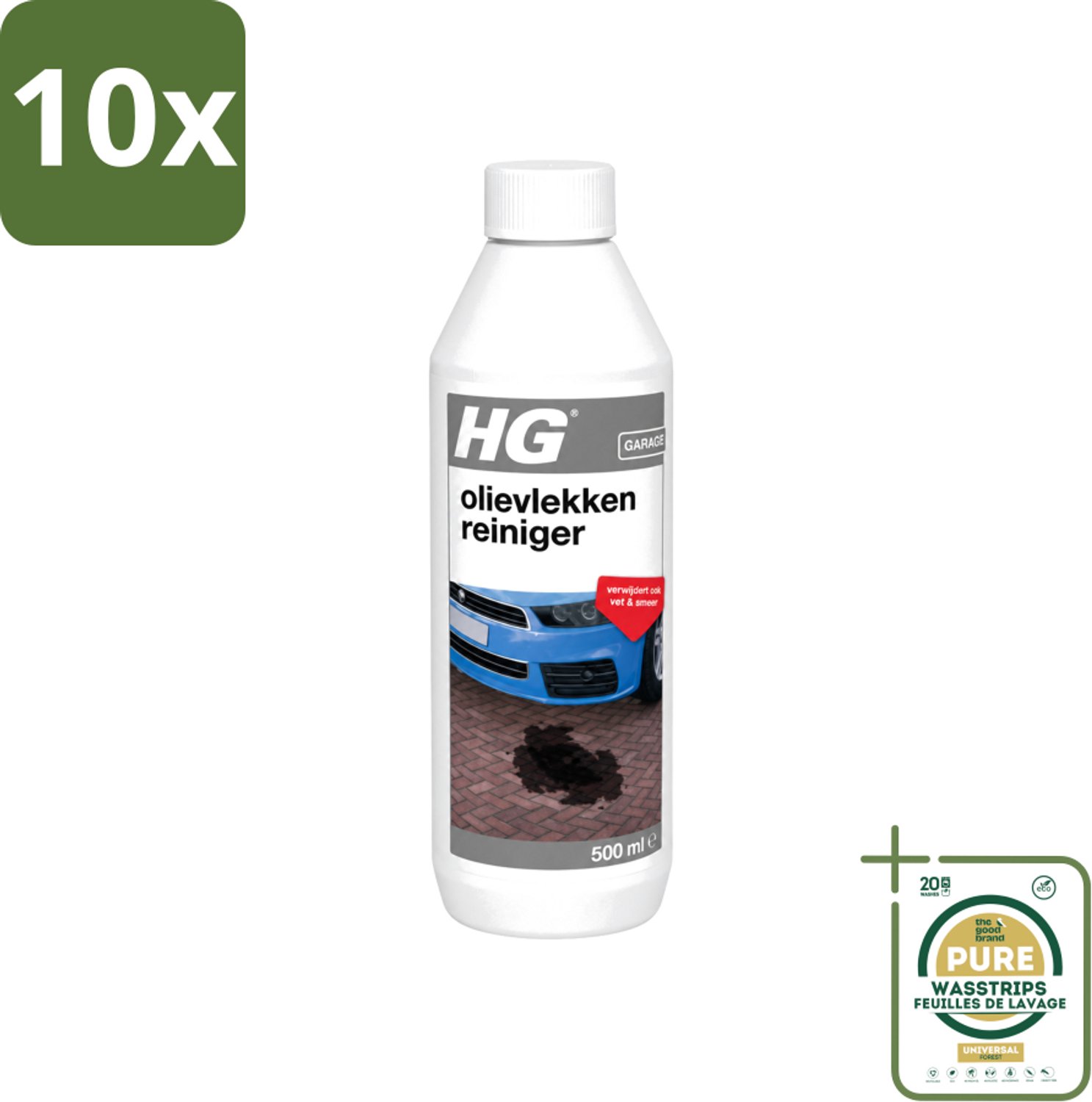 10 x HG - Olievlekkenreiniger - Verwijdert Ook Vet & Smeer - 500 ml - Wasstrips - Olievlekkenreiniger - Vetvlekken - Smeer - Beton Reinigen - Cement Reinigen