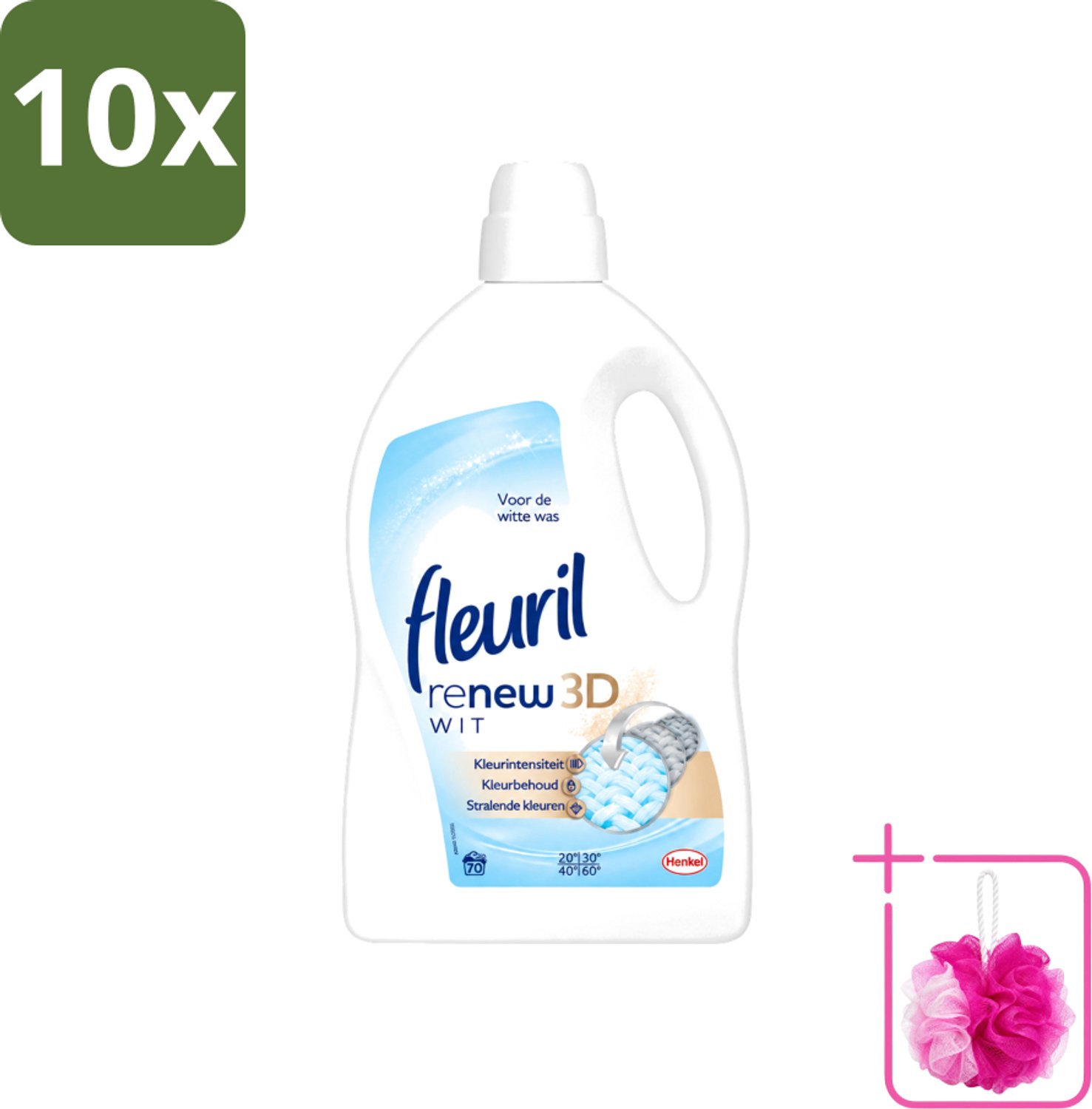 10 x Fleuril - Renew 3D - Vloeibaar Wasmiddel - Witte Was - 70 Wasbeurten - Bulkverpakking - Wasmiddel Witte Was - Douchemop - Witte Was