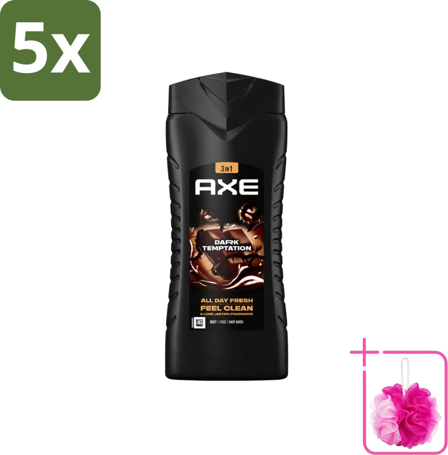 5 x Axe XL - 3-in-1 Douchegel - Dark Temptation - Dark Chocolate - 12hrs Long Lasting Scent - 400 ml - Bulkverpakking - Douchegel - Douchemop - Geur