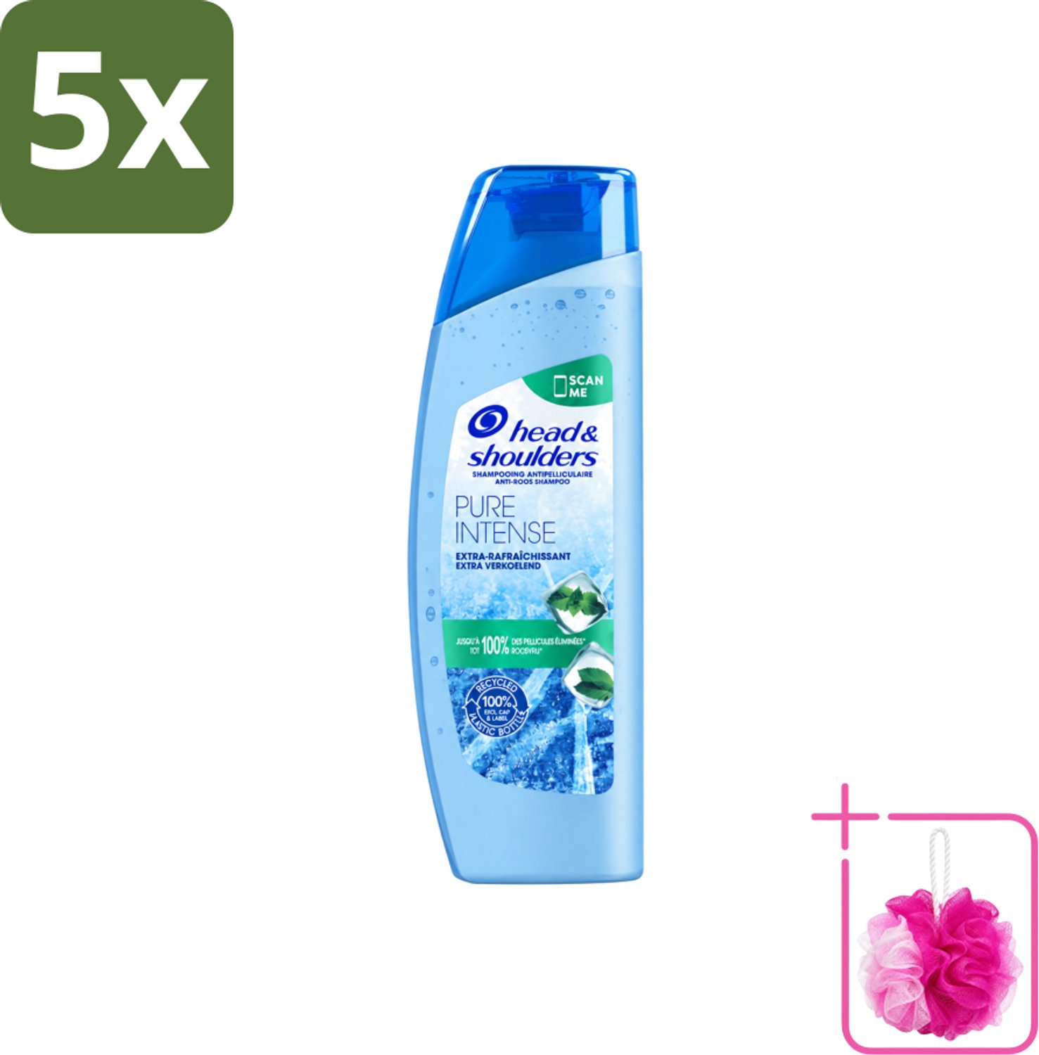 5 x Head & Shoulders - Anti-Roos Shampoo - Pure Intense - Extra Verkoelend - 250 ml - Bulkverpakking - Roosvrij haar - Douchemop - Roosbestrijding