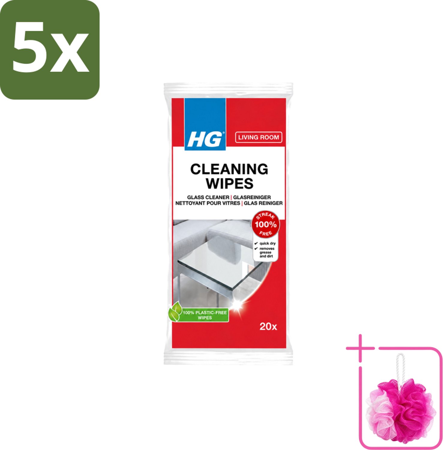 5 x HG - Woonkamer - Glasreinigingsdoekjes - Reinigt Streeploos - 20 Doekjes - Bulkverpakking - Glas reinigen - Douchemop - Spiegel reinigen