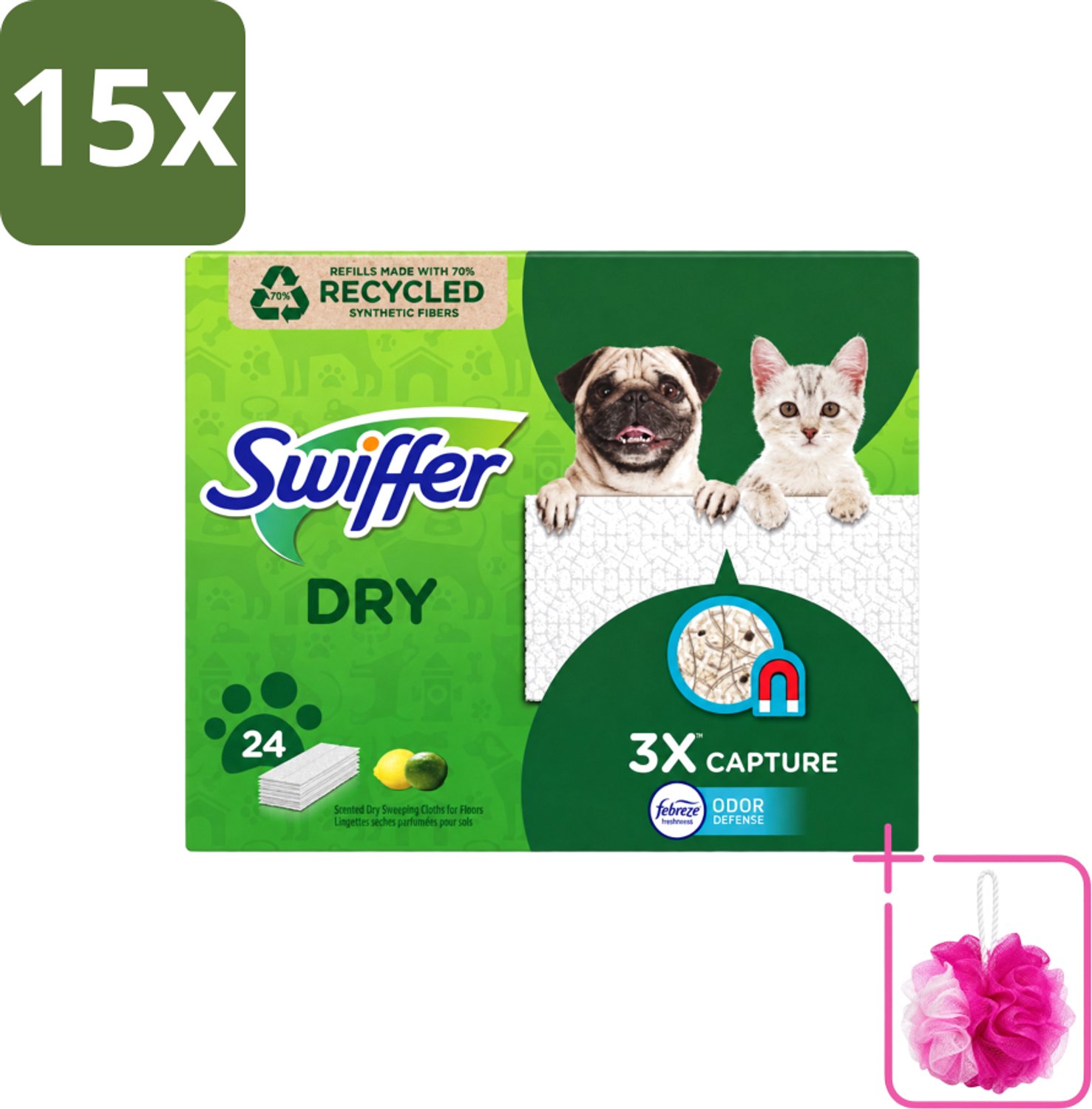 15 x Swiffer Dry - Vloerdoekjes - Navulling - Febreze Citroengeur - 24 Doekjes - Bulkverpakking - Vloerdoekjes - Douchemop - Schoonmaken