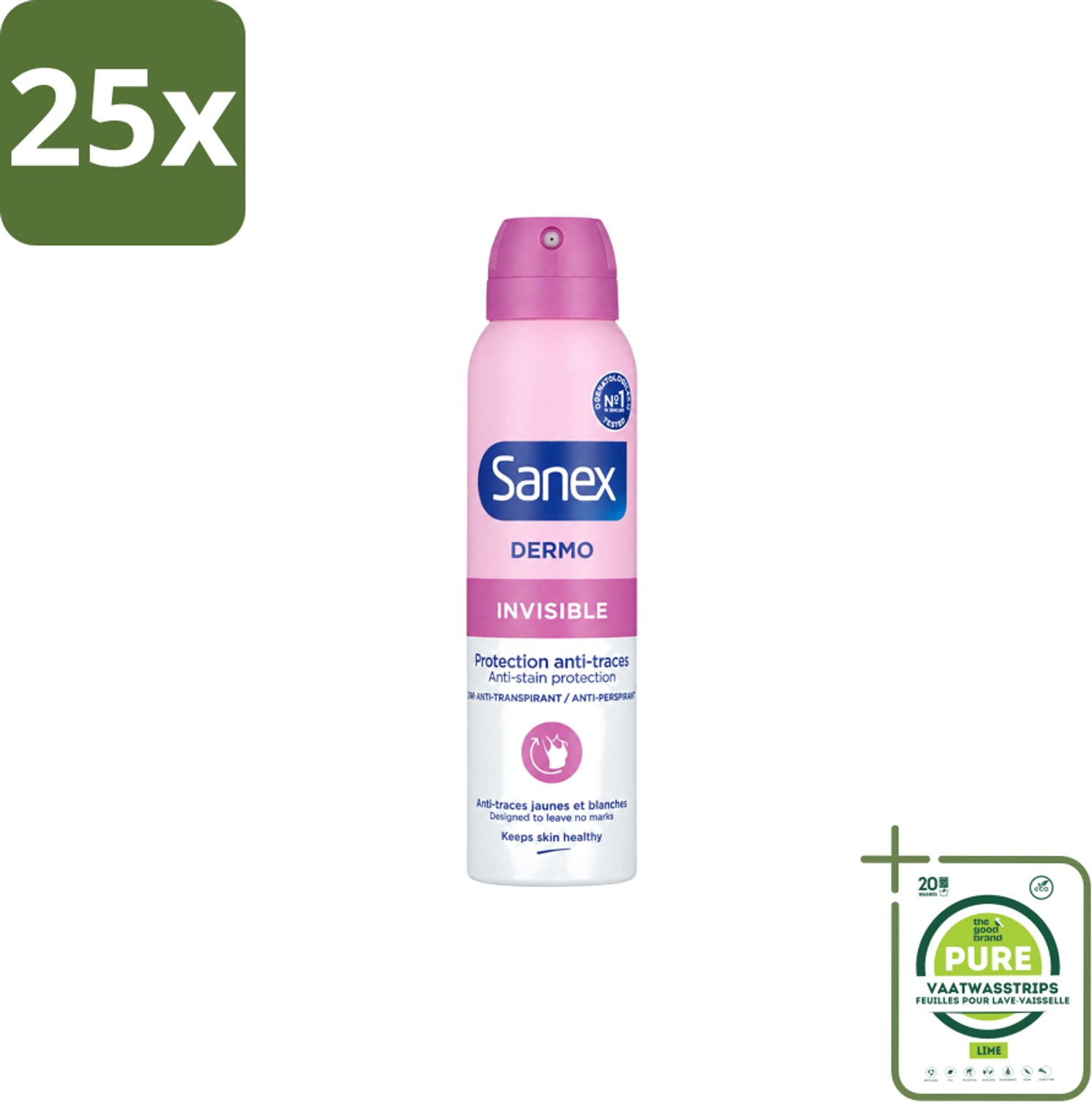 25 x Sanex – Deodorant Spray – Dermo Invisible – 150 ml - Grootverpakking - Vaatwasstrips - Onzezichtbare Deodorant - Deodorant Spray - Transpiratieregulatie - Huidbescherming - Strepenvoorkomend