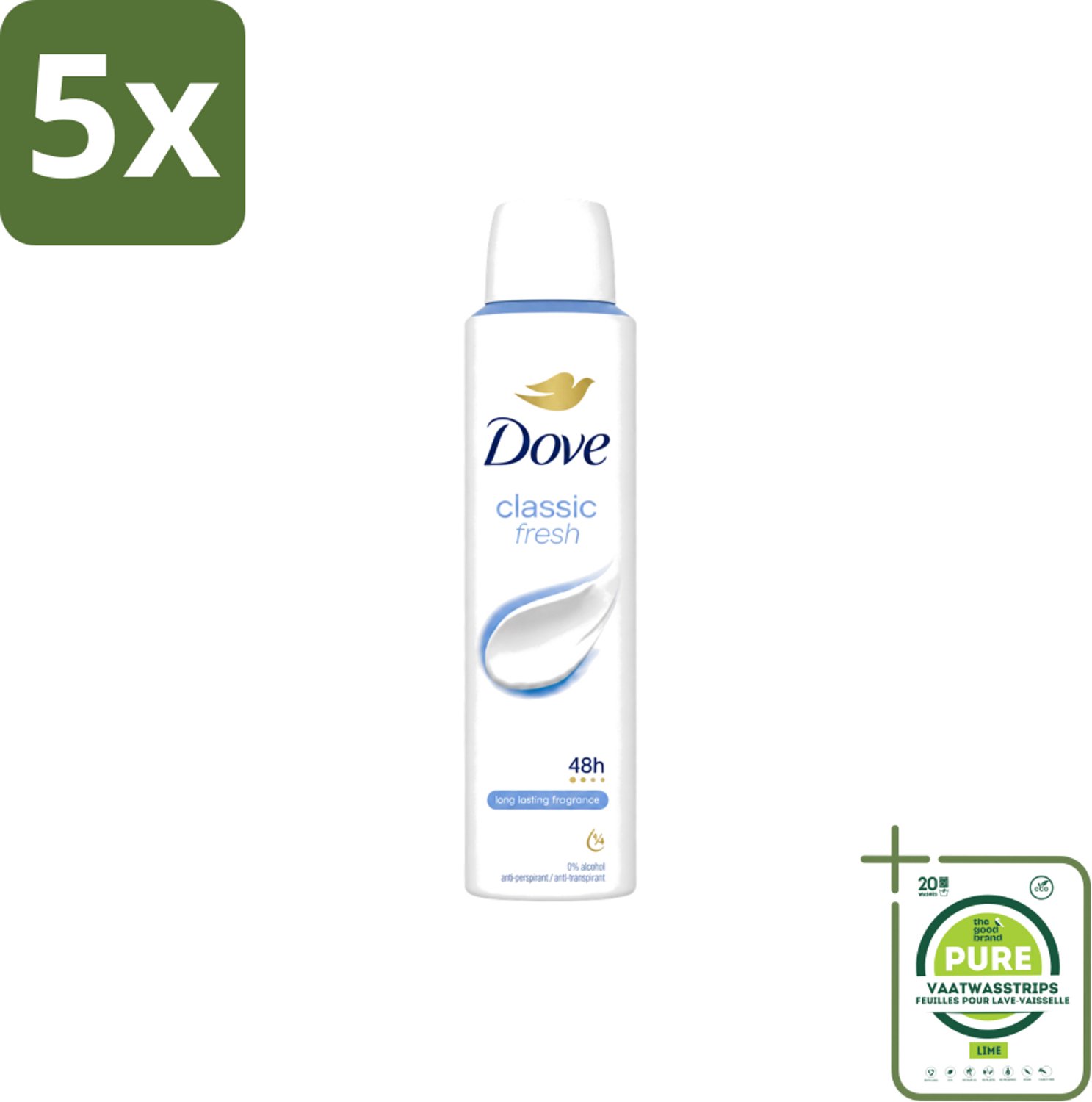 5 x Dove – Deodorant Spray – Classic Fresh – 200 ml - Grootverpakking - Vaatwasstrips - Anti-transpirant Spray - Okselgeur - Transpiratiegeur - Deodorant Spray - Klassiek Geur