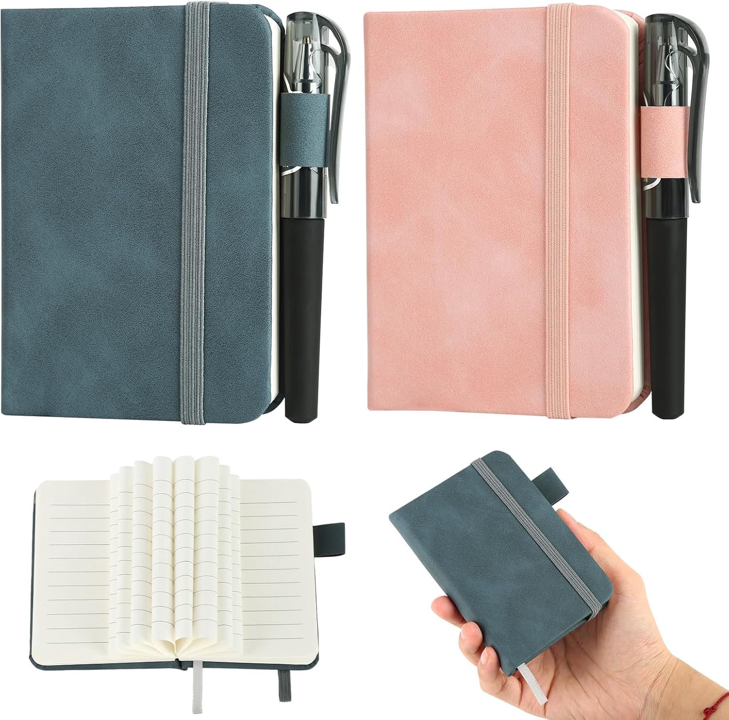 2 stuks klein notitieboek, draagbaar mini notitieboek A7 met pen en 200 pagina's, klein notitieboek met elastisch sluitband en penhouder, notitieboekje klein voor mannen vrouwen (donkerblauw, roze)