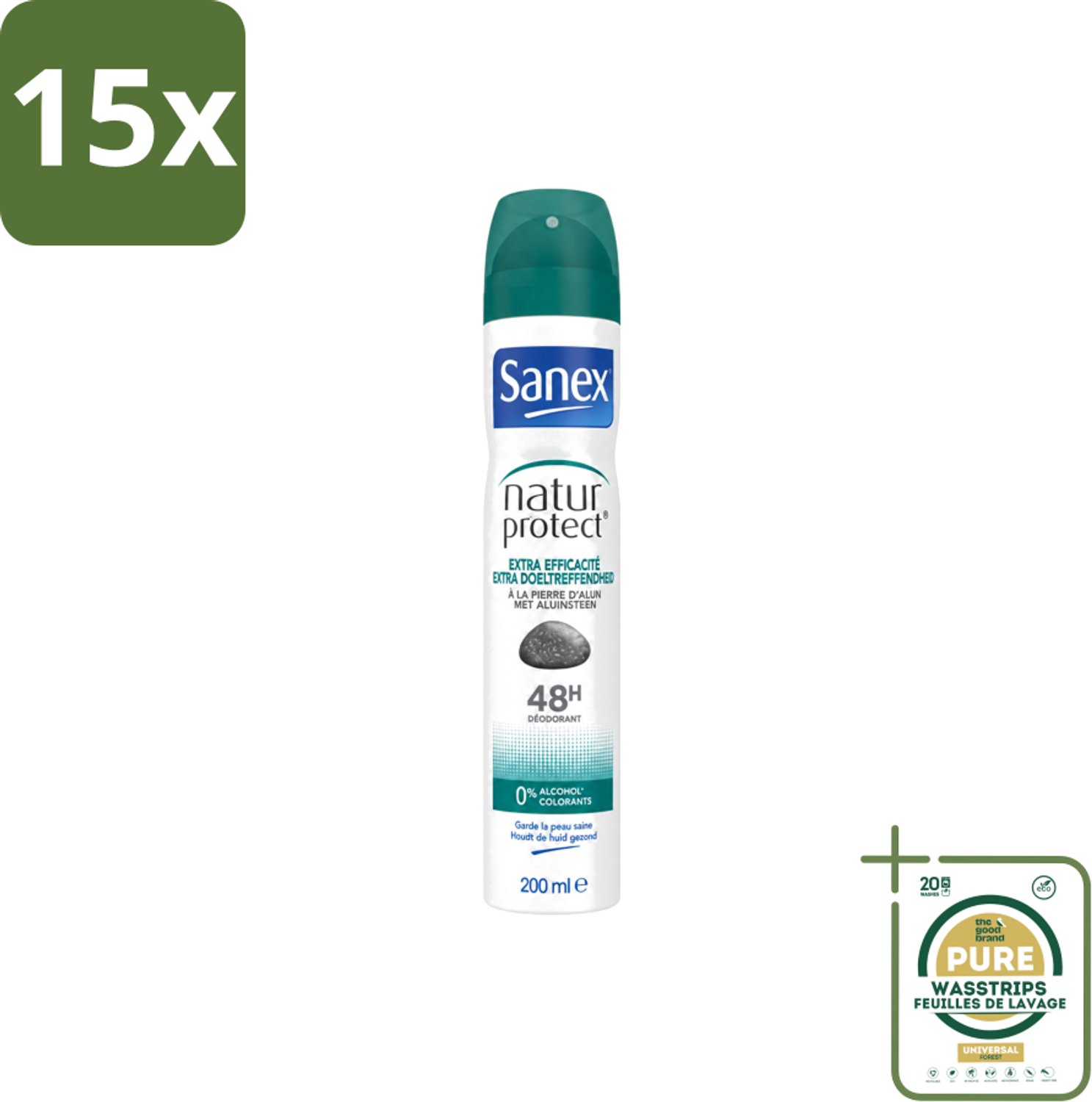 15 x Sanex – Deodorant Spray – Aluinsteen – 200 ml - Wasstrips - Deodorant Spray - Natuurlijke Deodorant - Aluinsteen - Frisse Geur - Huidvriendelijk