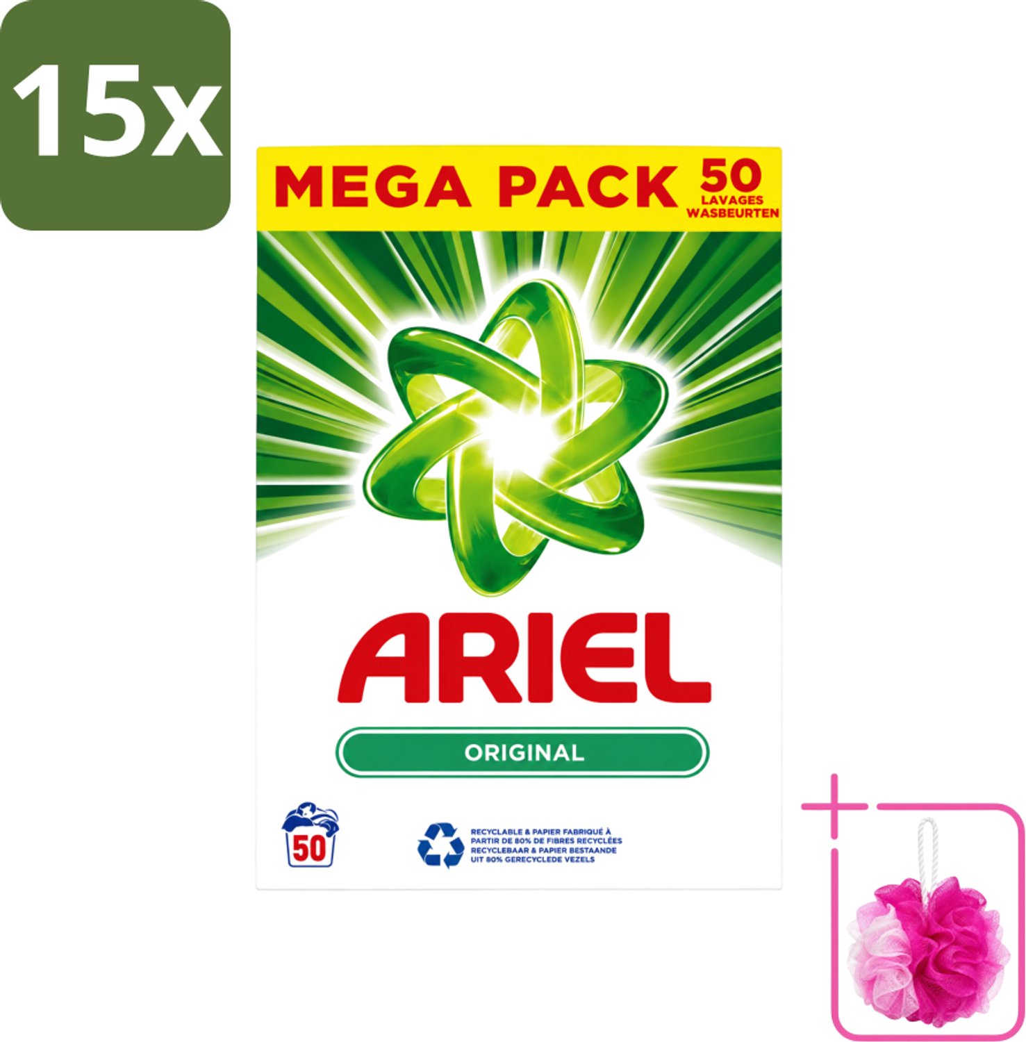 15 x Ariel Original - Waspoeder - Witte en Lichtgekleurde Was - 50 Wasbeurten - Bulkverpakking - Waspoeder - Douchemop - Reiniging