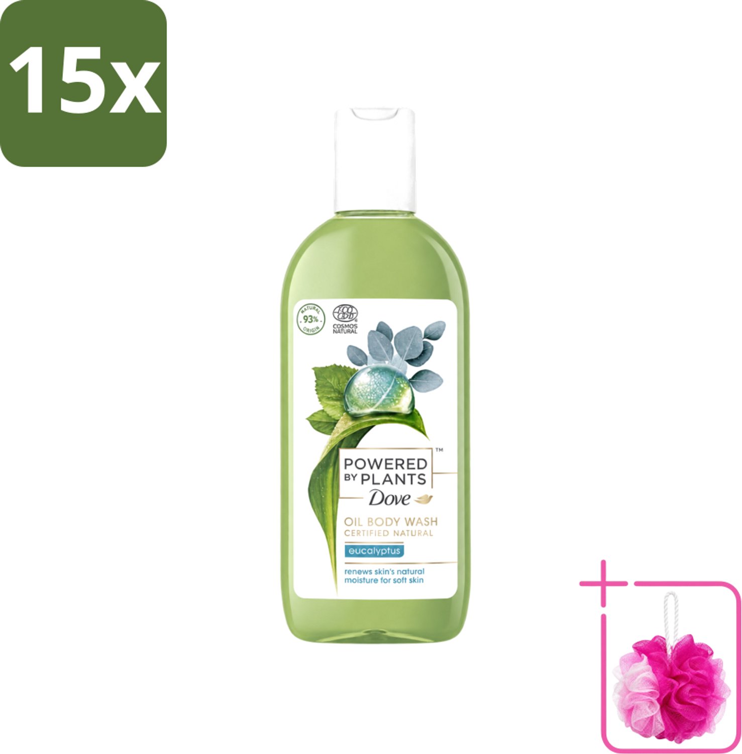 15 x Dove Powered by Plants - Oil Body Wash - Eucalyptus - 250 ml - Bulkverpakking - Natuurlijke verzorging - Douchemop - Eucalyptus