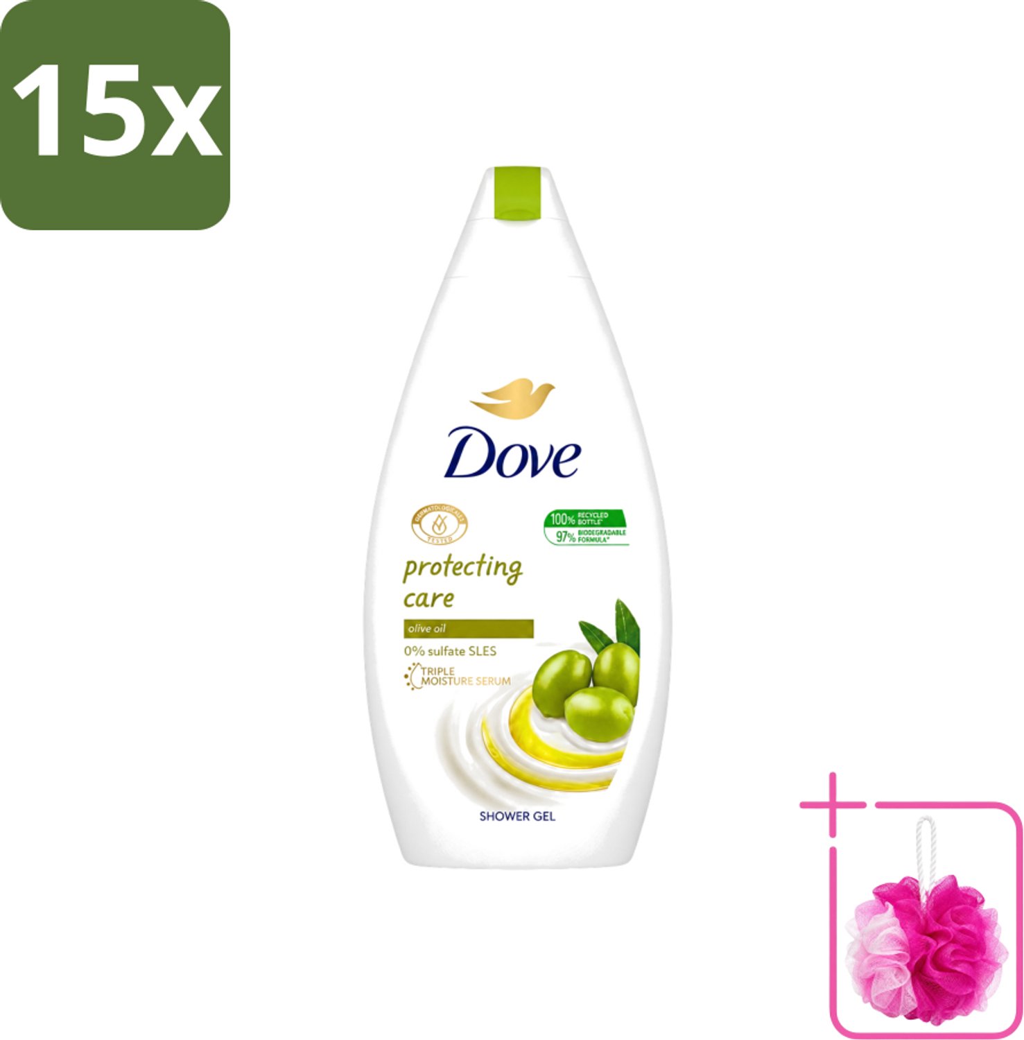 15 x Dove Protecting Care - Douchegel - Olijfolie - Sulfaatvrij - 450 ml - Bulkverpakking - Douchegel - Douchemop - Olijfolie