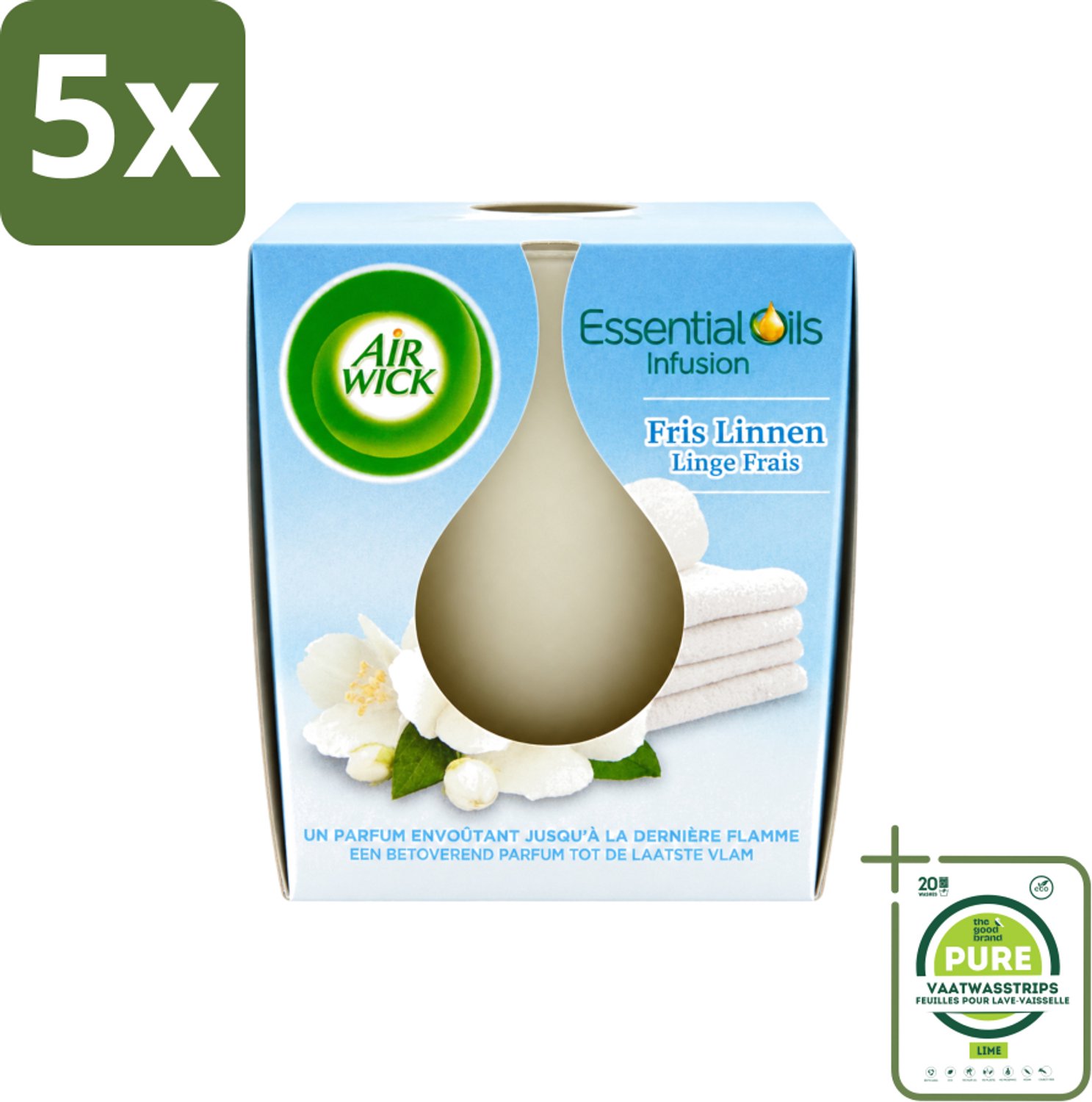 Air Wick 5 x Air Wick – Geurkaars – Fris Linnen met Essentiële Oliën – 105 g - Grootverpakking - Vaatwasstrips - Geurkaars - Fris Linnen - Essentiële Oliën - Sfeer In Huis - Warme Sfeer Wit