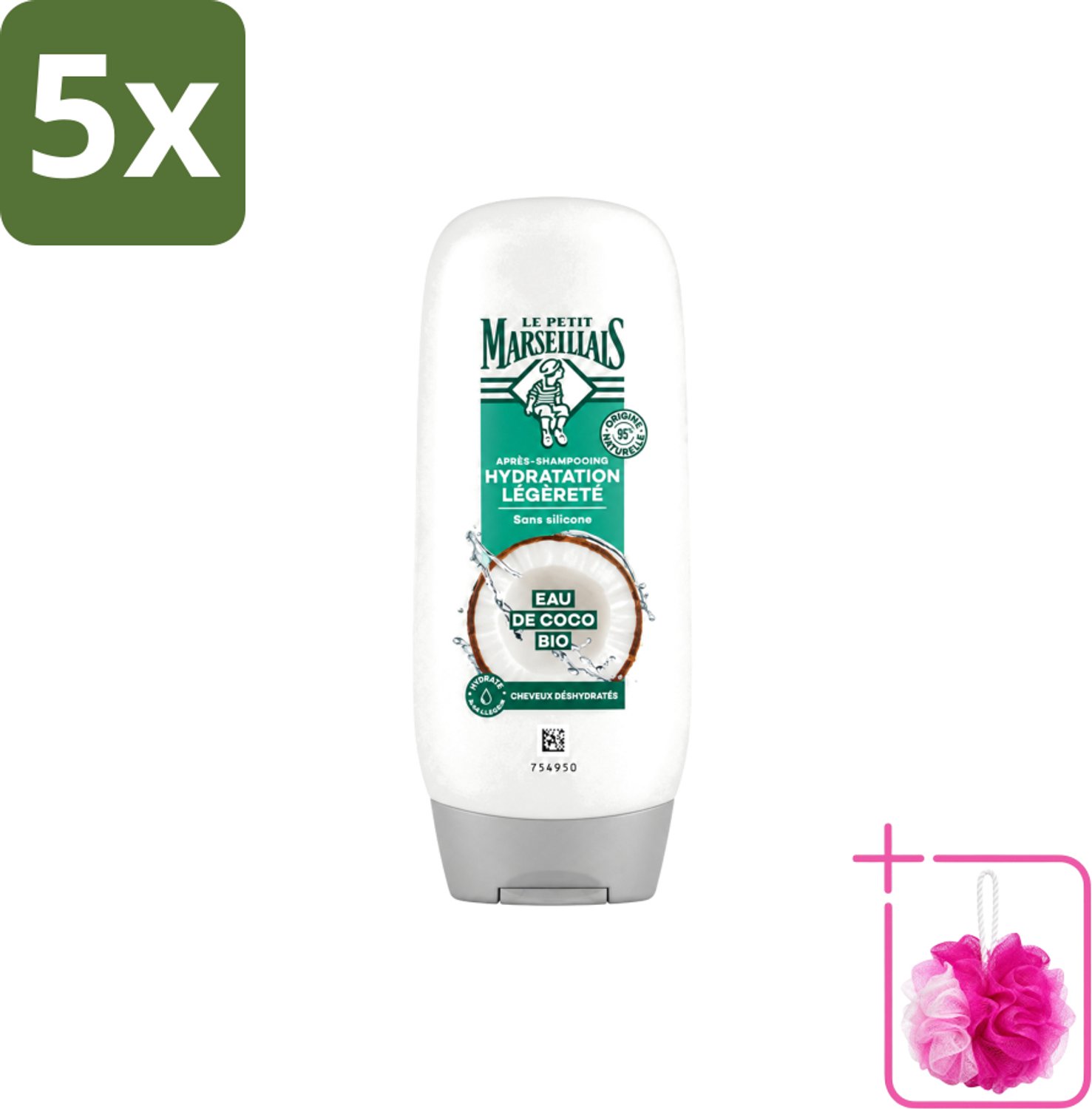 5 x Le Petit Marseillais – Conditioner – Eau de Coco Bio – 250 ml - Bulkverpakking - Conditioner kokoswater - Douchemop - Hydraatatie haar